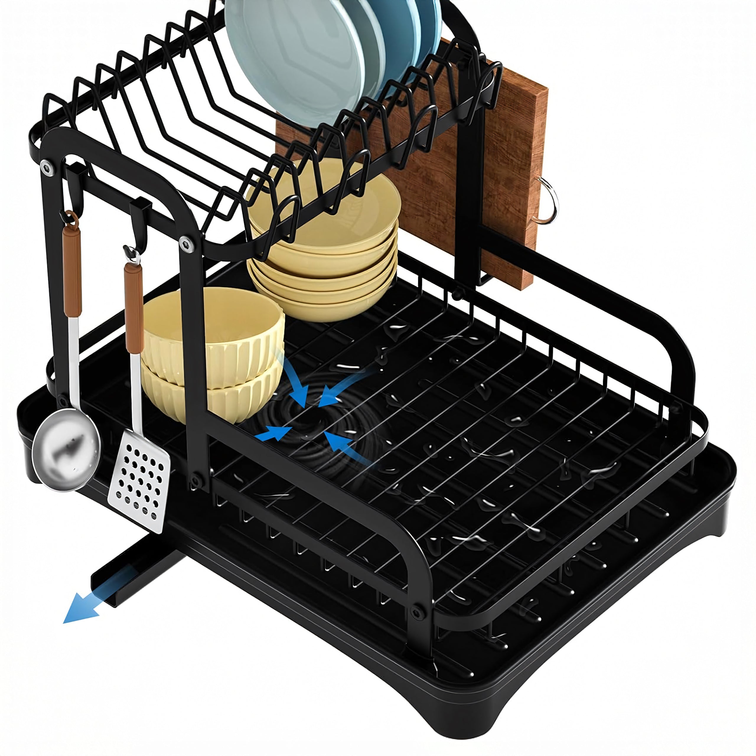 Two-Tier Large XXL Black Dish Drainer with Drain