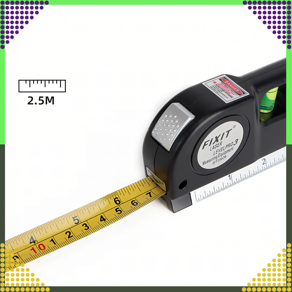 Laserlood koos mõõduga 250 cm, 3 taset, valguslood + patareid