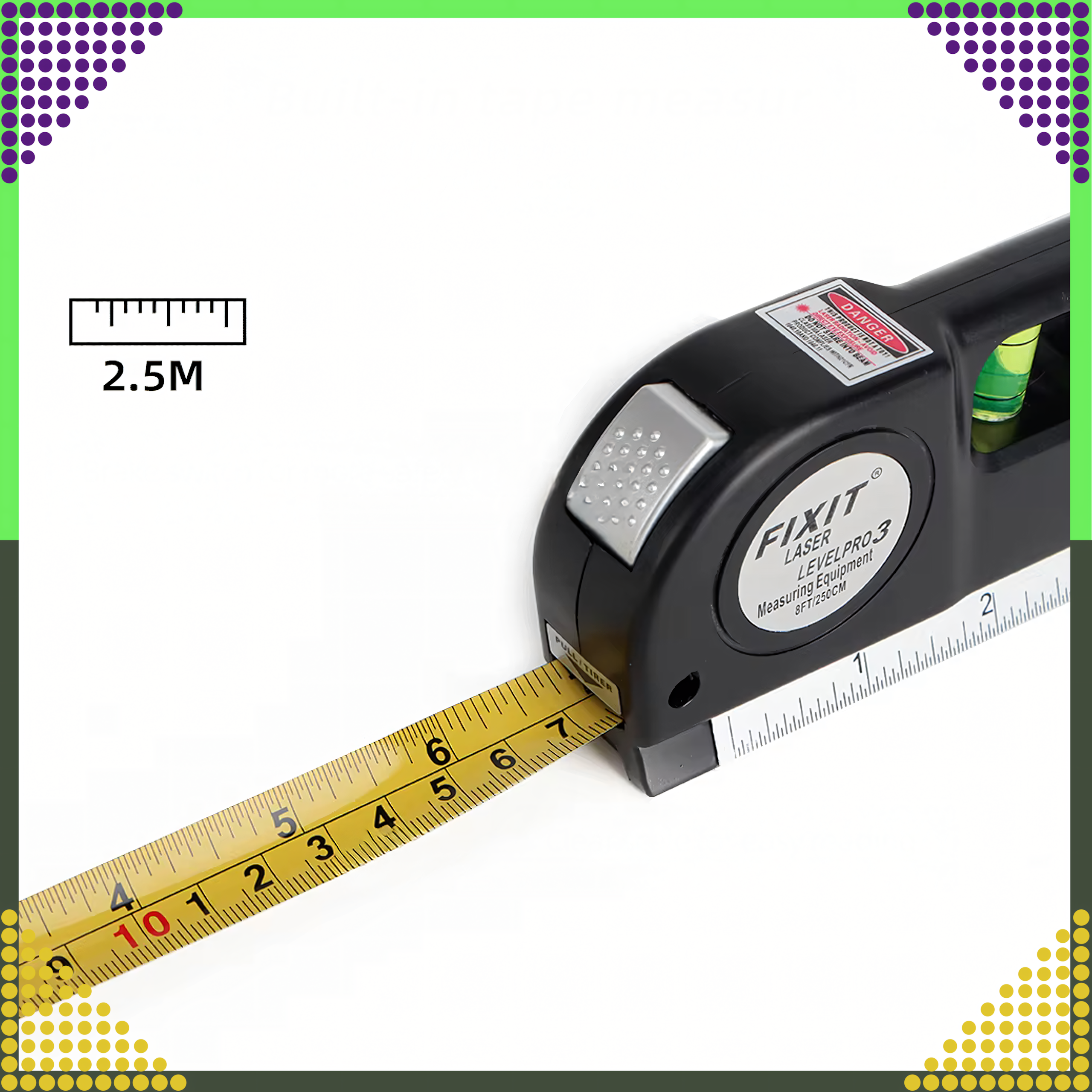 Laserlood koos mõõduga 250 cm, 3 taset, valguslood + patareid