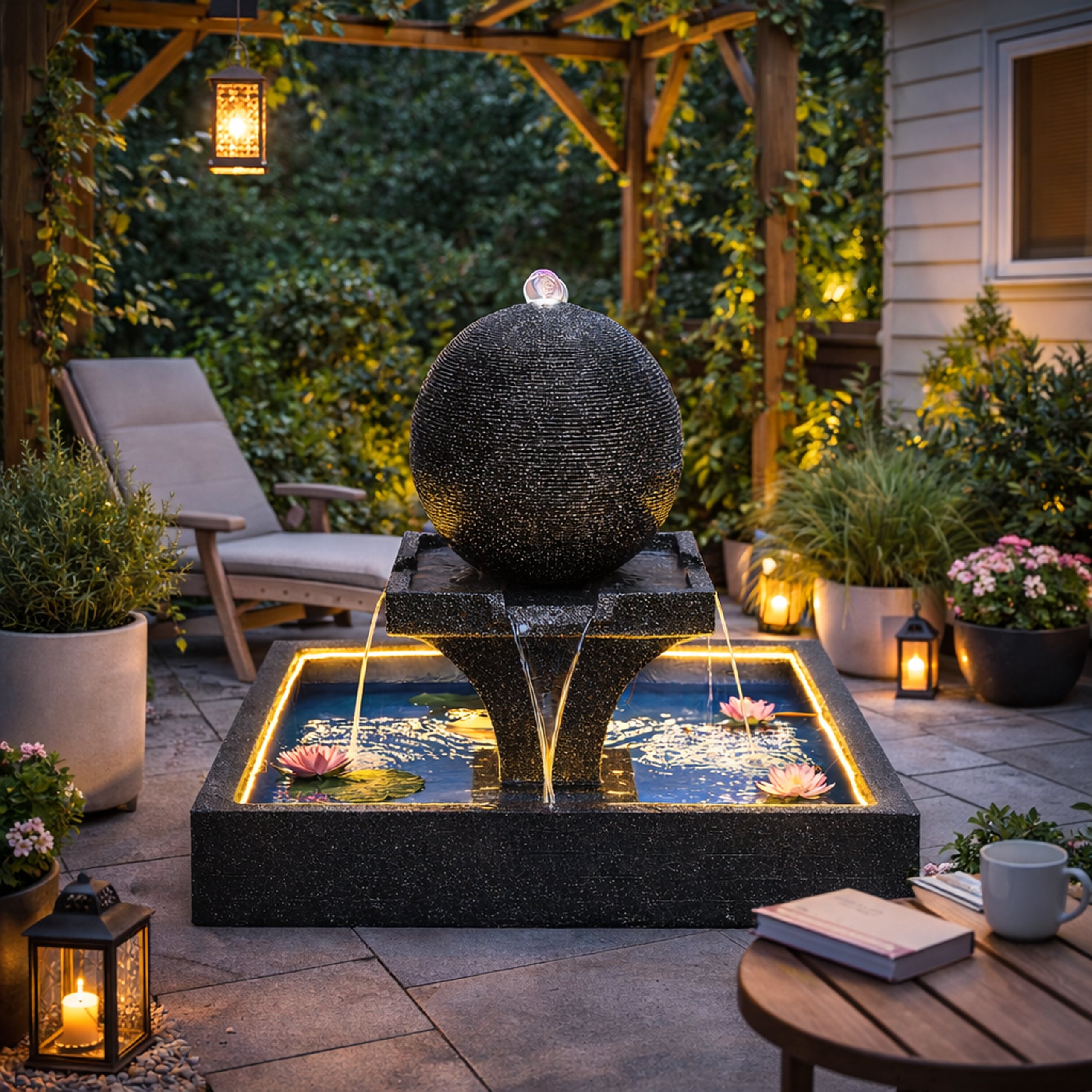 Large Garden Water Fountain with Spherical Water Feature 140x140x120cm LED Terrace Decoration