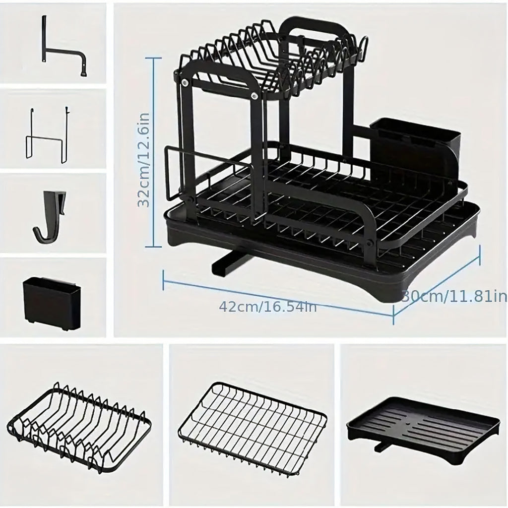 Two-Tier Large XXL Black Dish Drainer with Drain