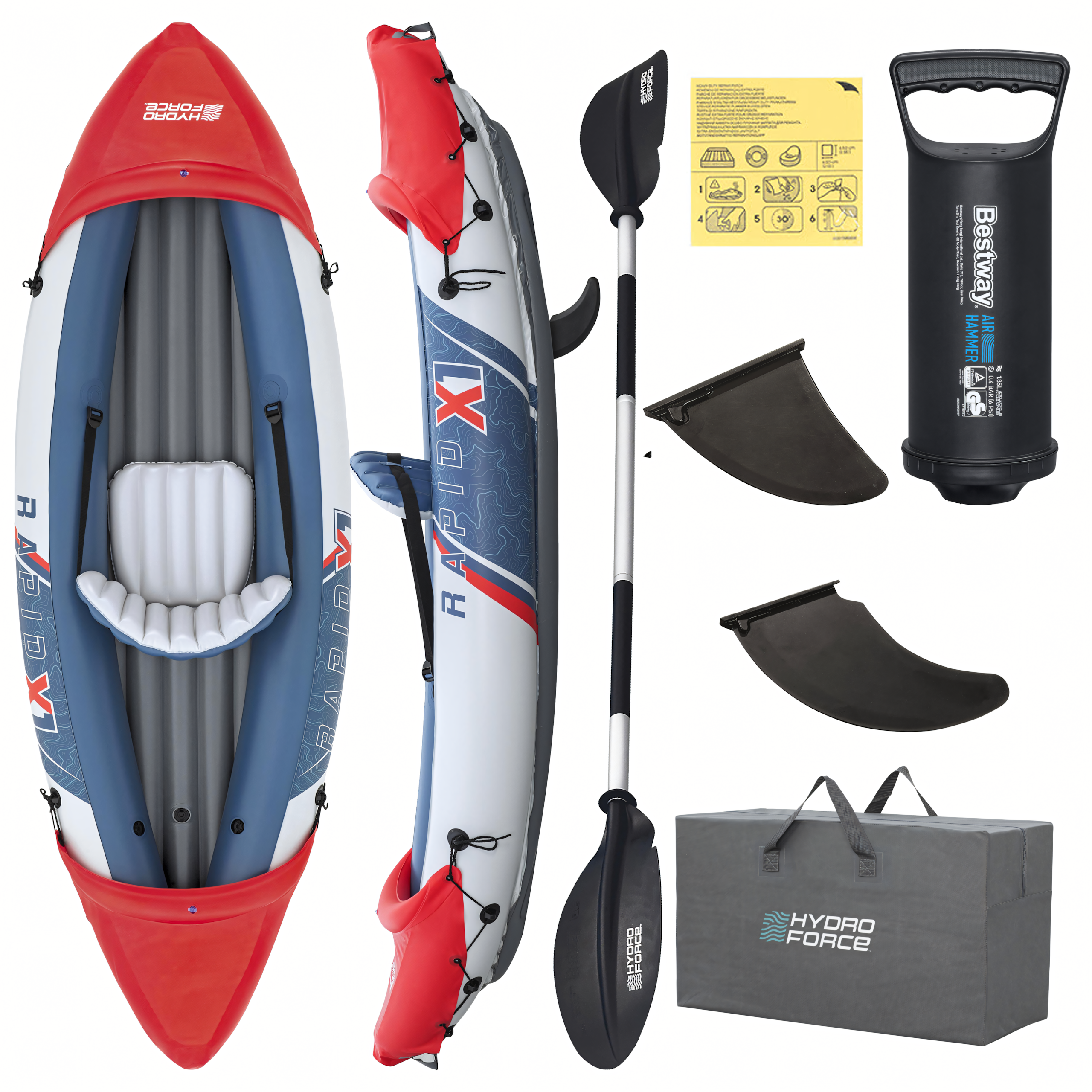 Bestway 65176 Rapid X1 täispuhutav ühe inimese kajaki komplekt pumba, aeru ja kotiga