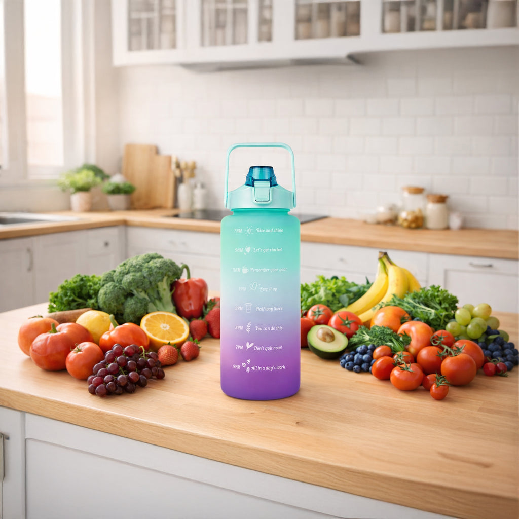Motivational Water Bottle 2000ml 2L with Straw, Handle, and Measurement Markings