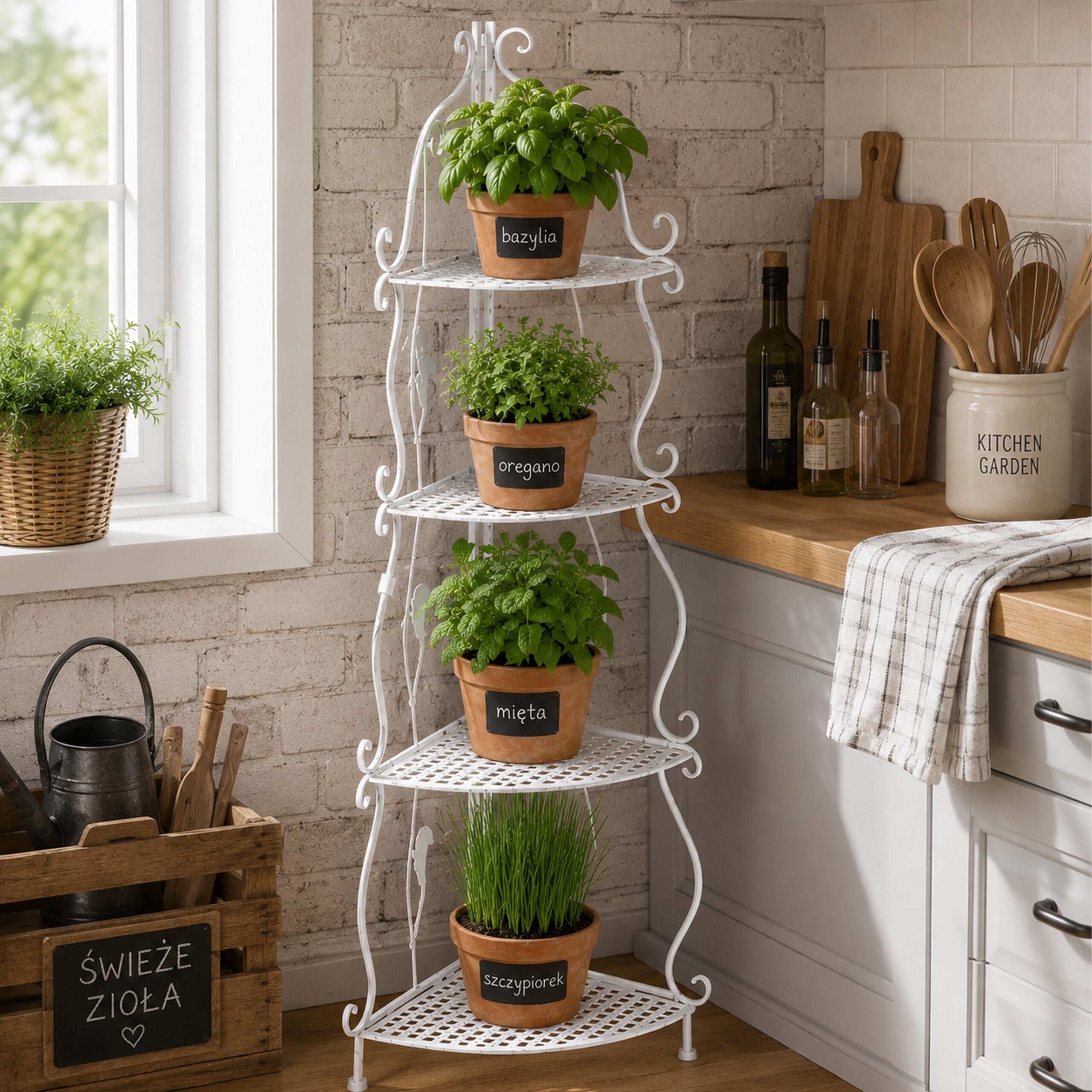 White Decorative Metal Corner Shelf with 4 Shelves for Flowers and Books
