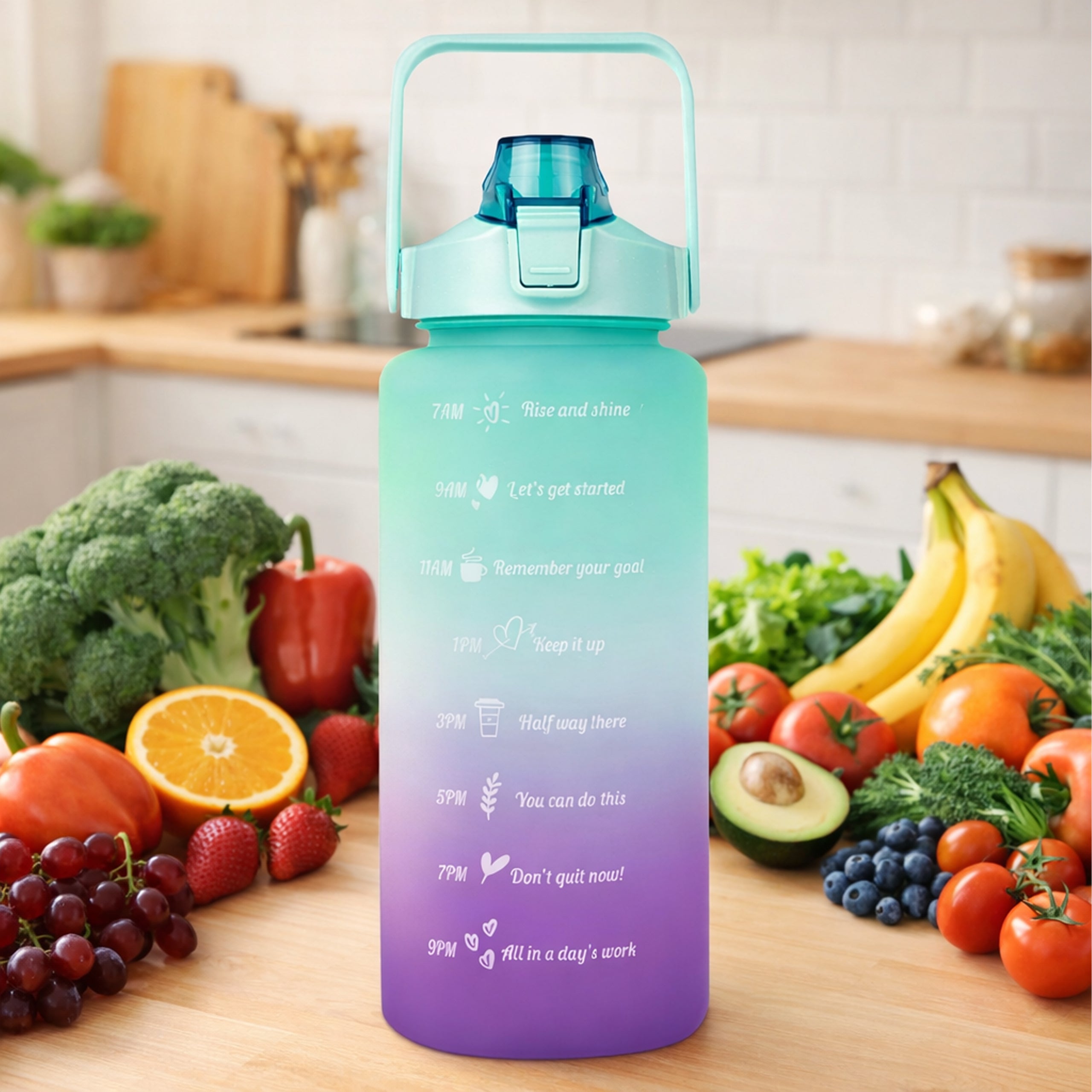 Motivational Water Bottle 2000ml 2L with Straw, Handle, and Measurement Markings