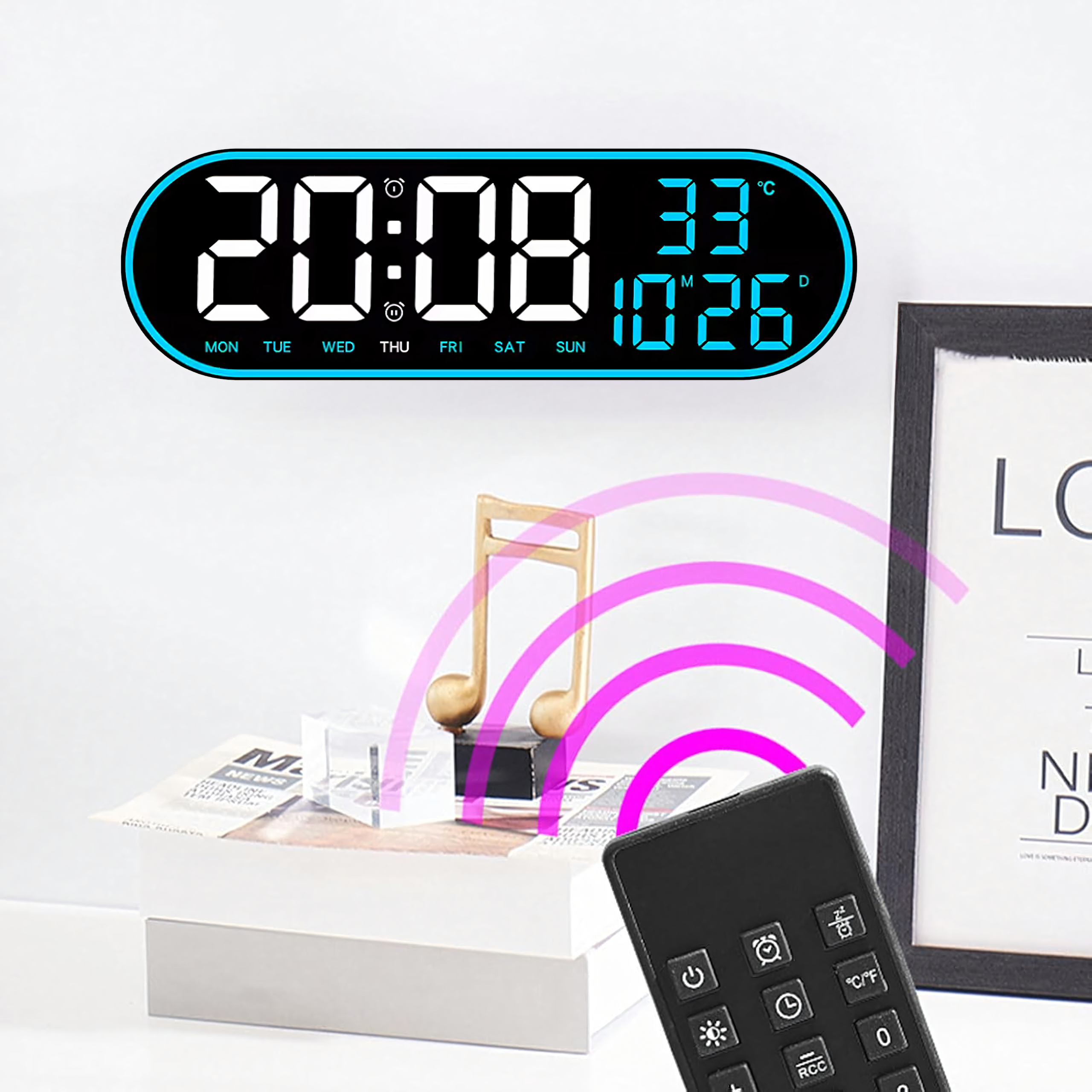 Large Digital Electronic Wall Clock LED 38 cm with Temperature and Alarm Remote