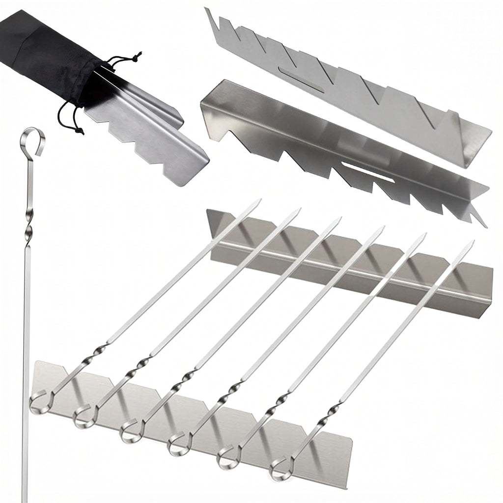 6x 6 Steel Skewers for Barbecue with Stand and Bag Set