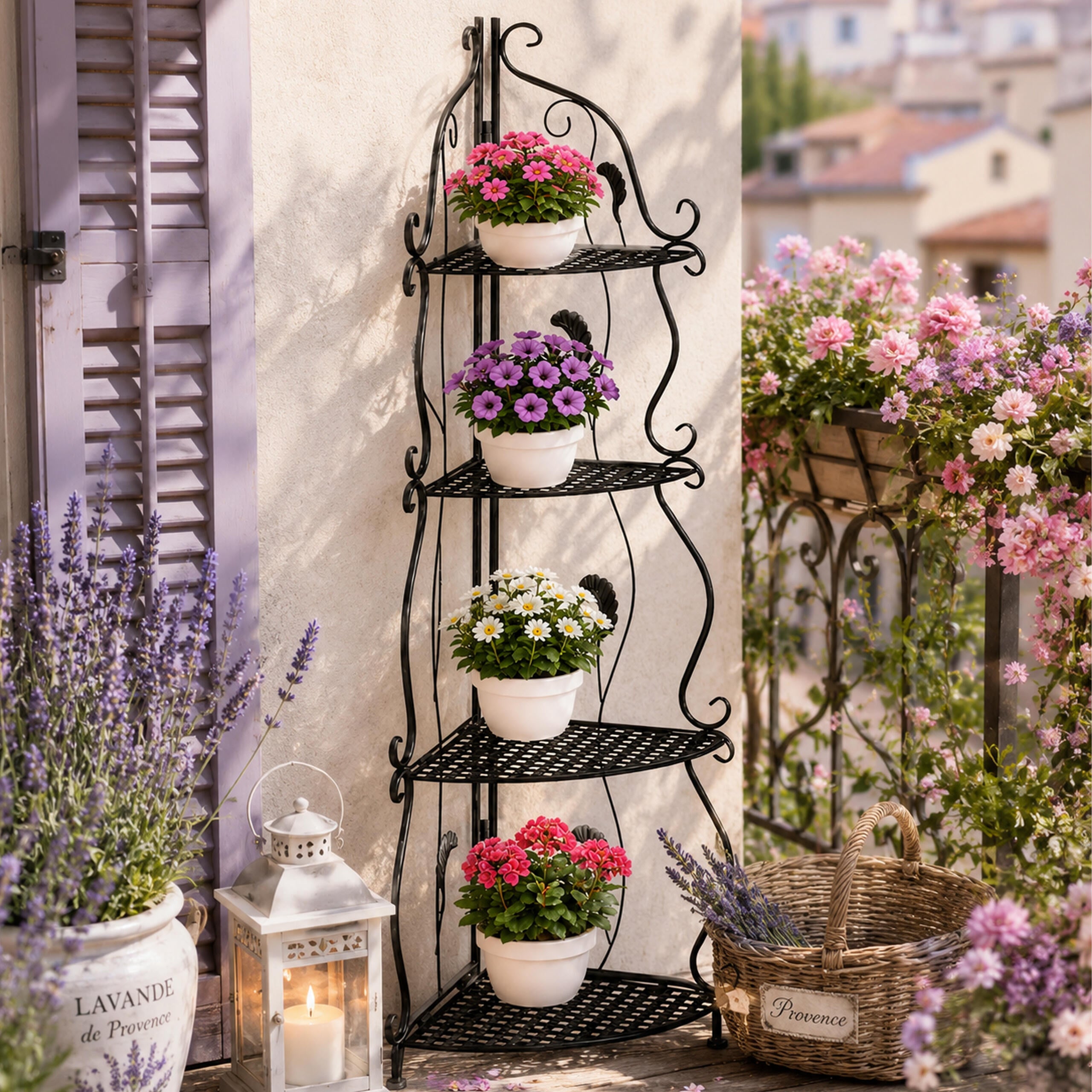 Dekoratiivne kokkupandav metallist nurgariiul 4 riiuliga Black
