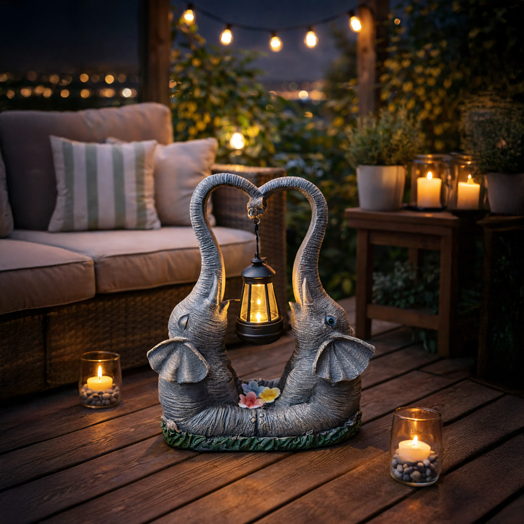 Solar LED Garden Elephant Figurine Lamp with Lantern