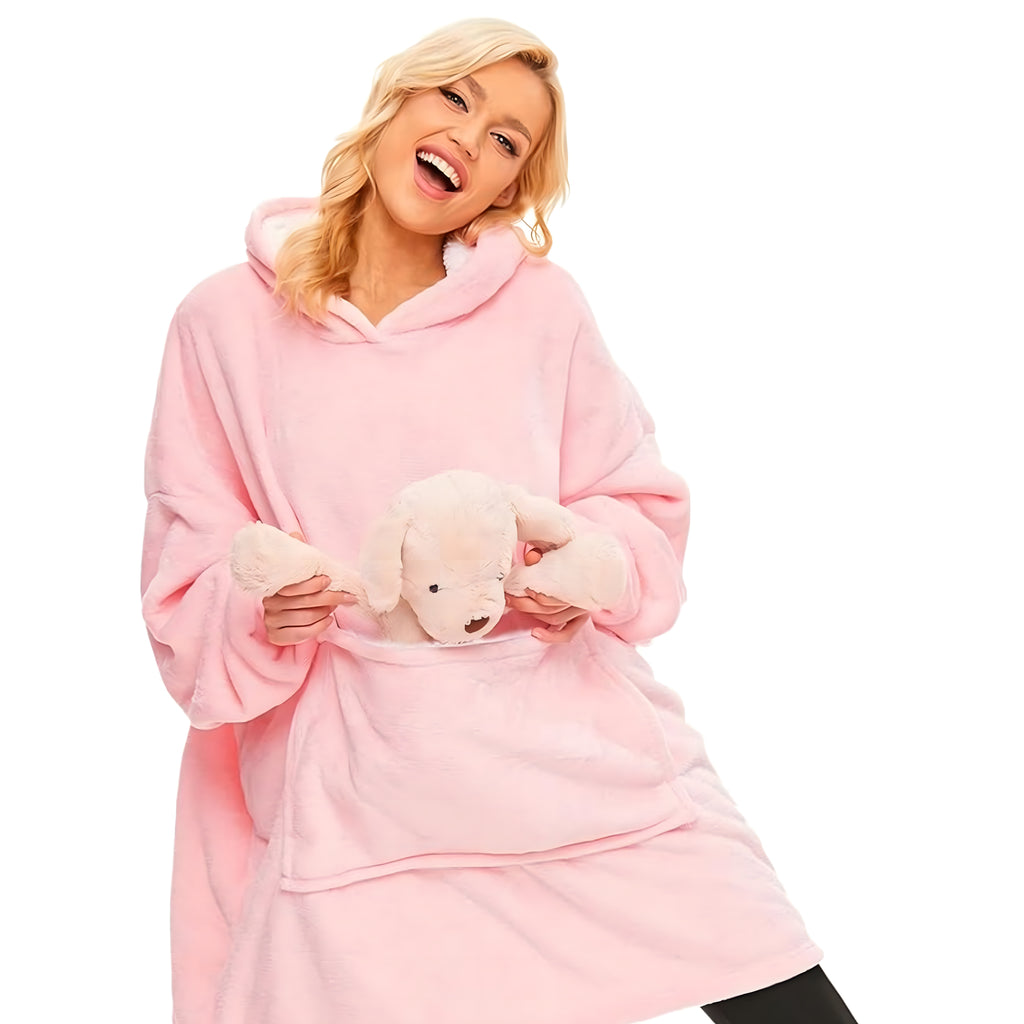 Ülisuur paks soe kapuutsiga tekk-pluus roosa