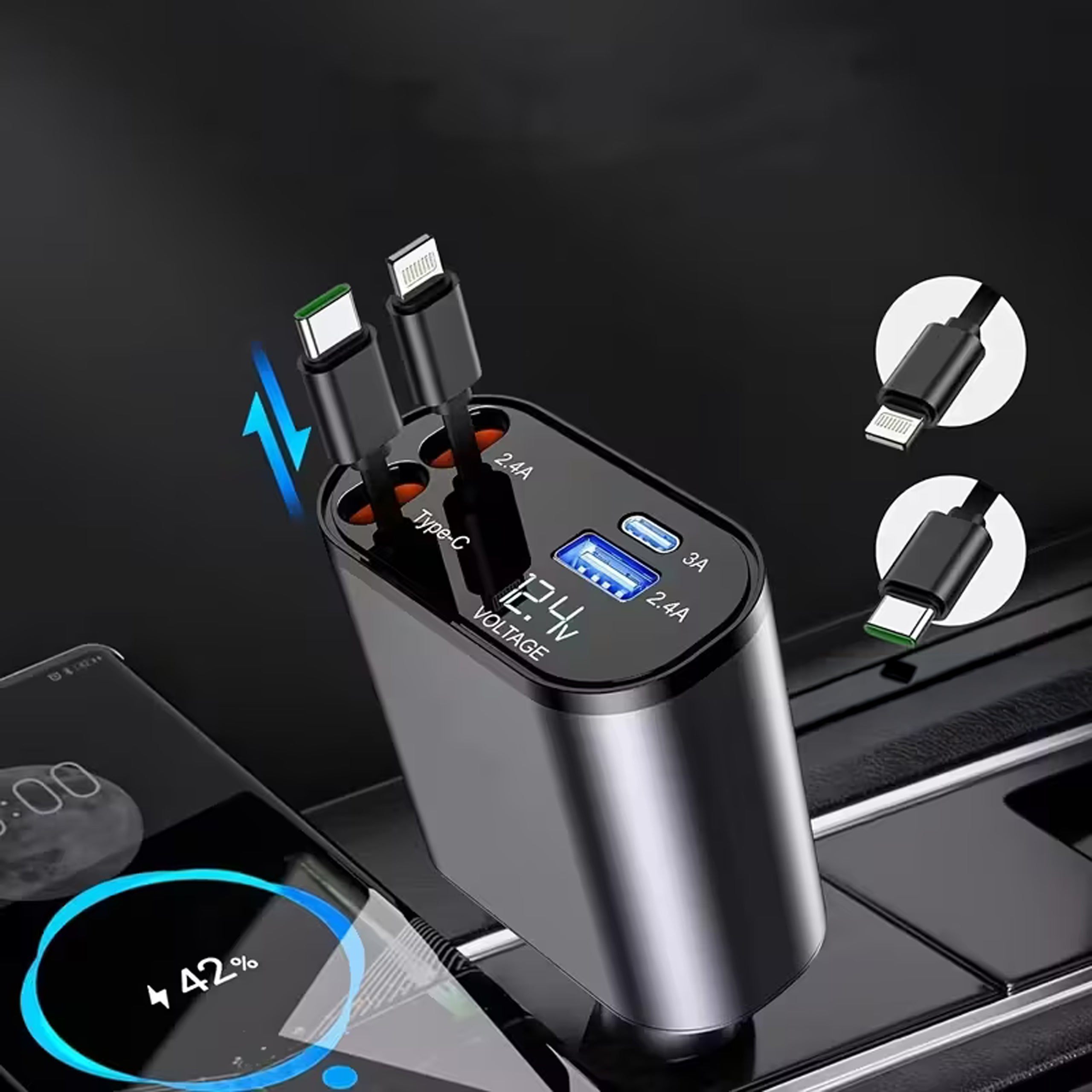 USB C IOS autolaadija liigendrullik 100W kiirlaadimine 80 cm