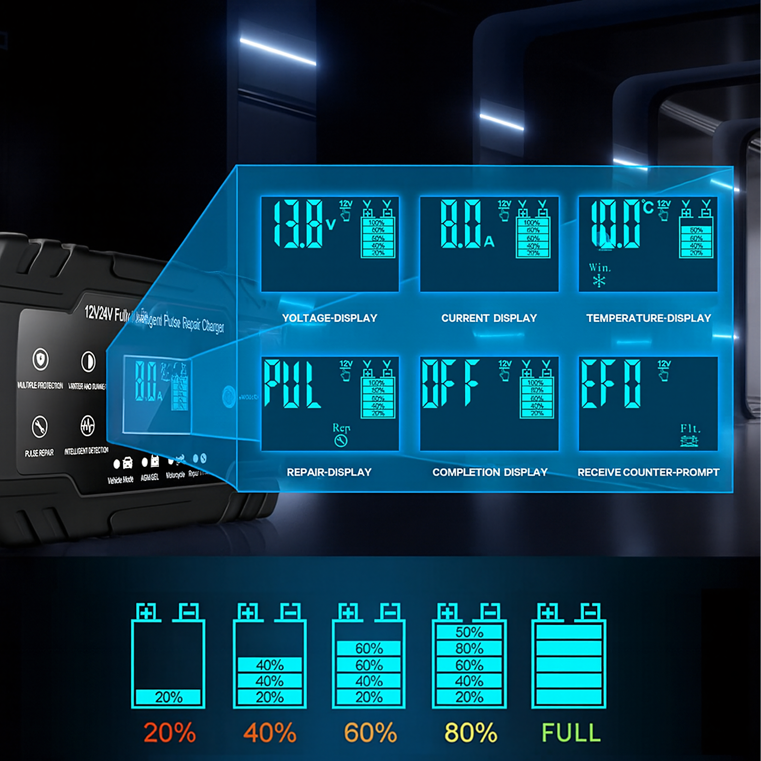 Võimas intelligentne alaldi akulaadija 12V 24V 4A 8A krokodillklemmidega