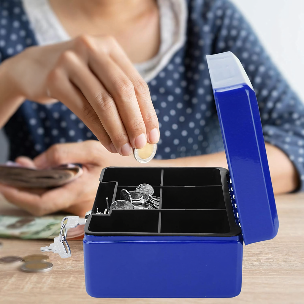 Metallist rahakast müntide, rahatähtede ja dokumentide turvaliseks hoidmiseks, võtmetega