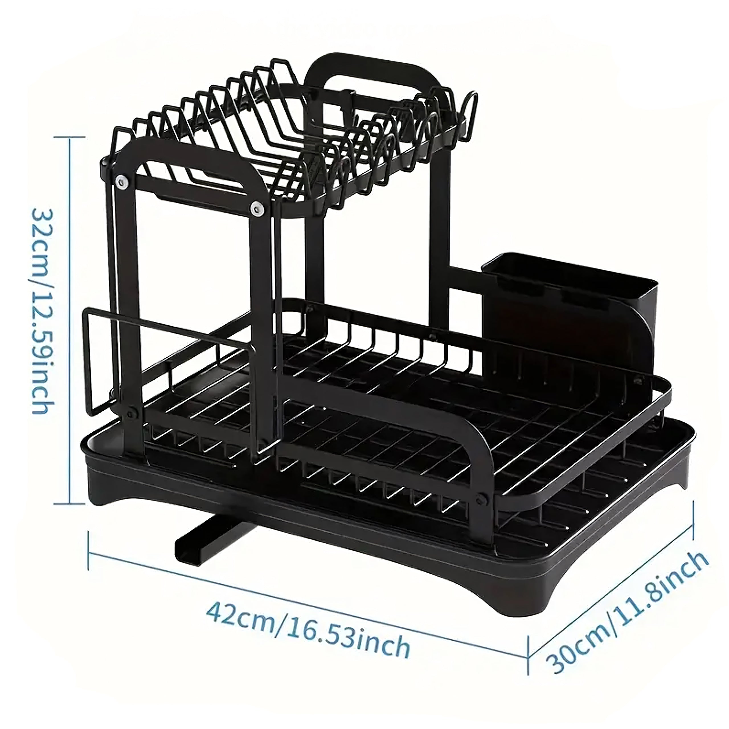 Two-Tier Large XXL Black Dish Drainer with Drain