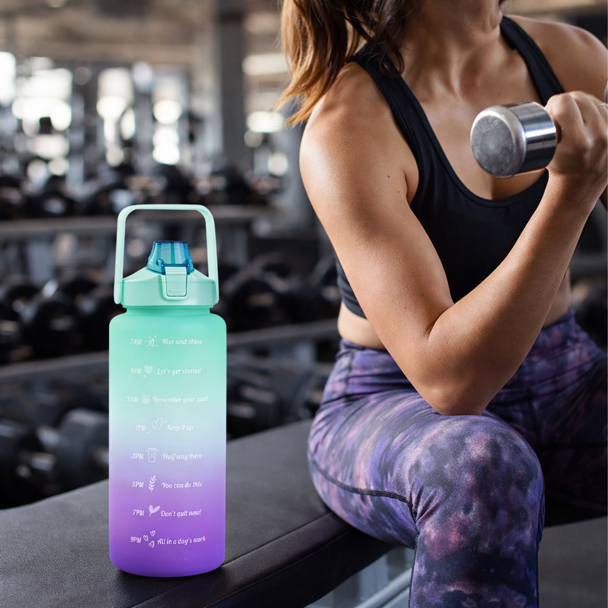 Motivational Water Bottle 2000ml 2L with Straw, Handle, and Measurement Markings