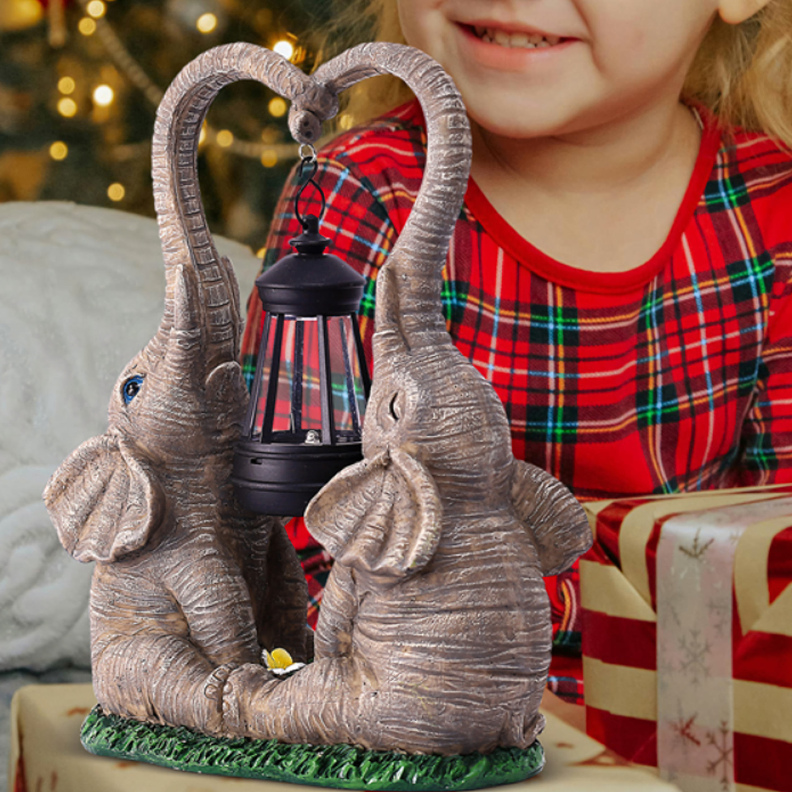 Solar LED Garden Elephant Figurine Lamp with Lantern