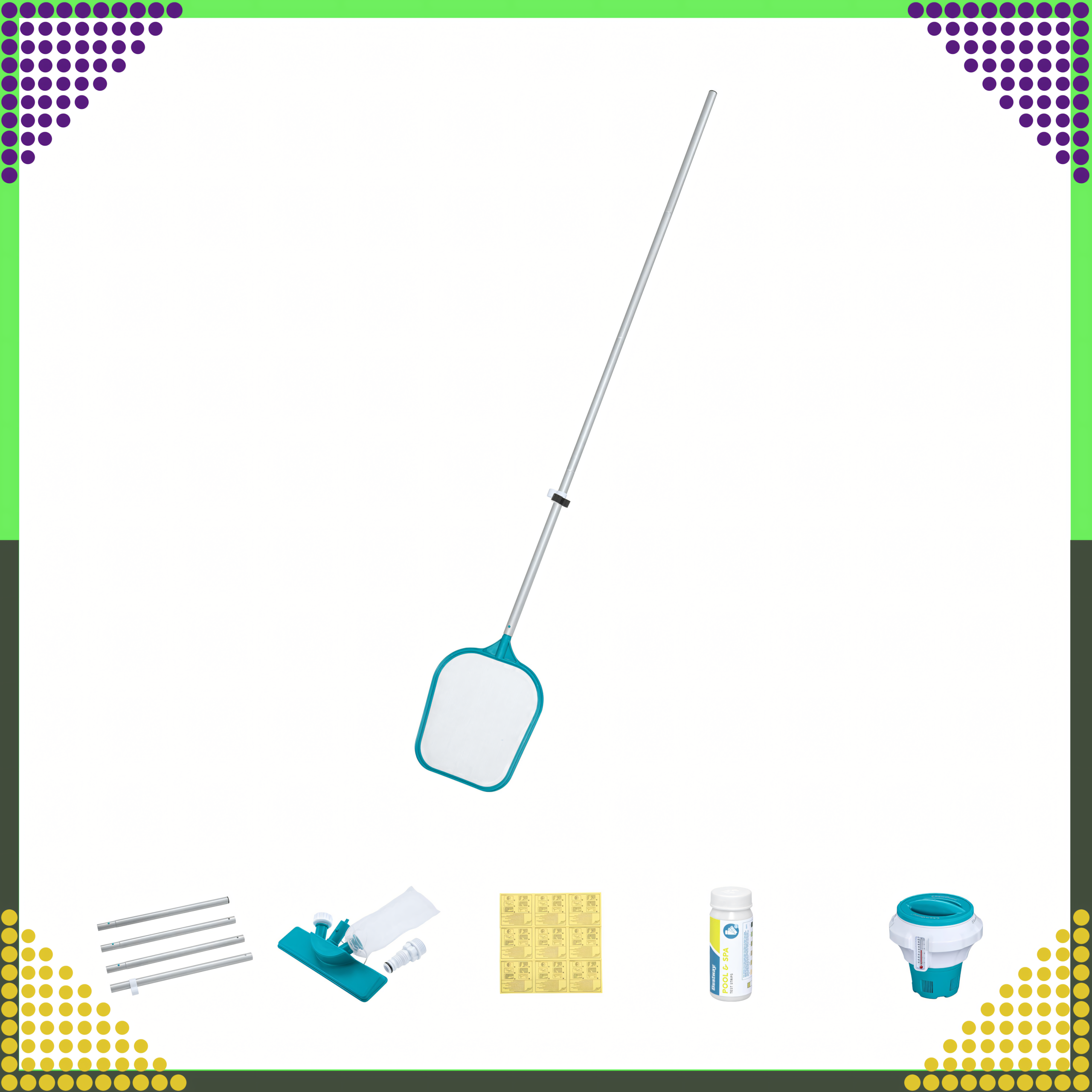 Bestway 58794 basseini hooldus- ja puhastuskomplekt võrguga, pulgaga, pH ribade ja plaastriga
