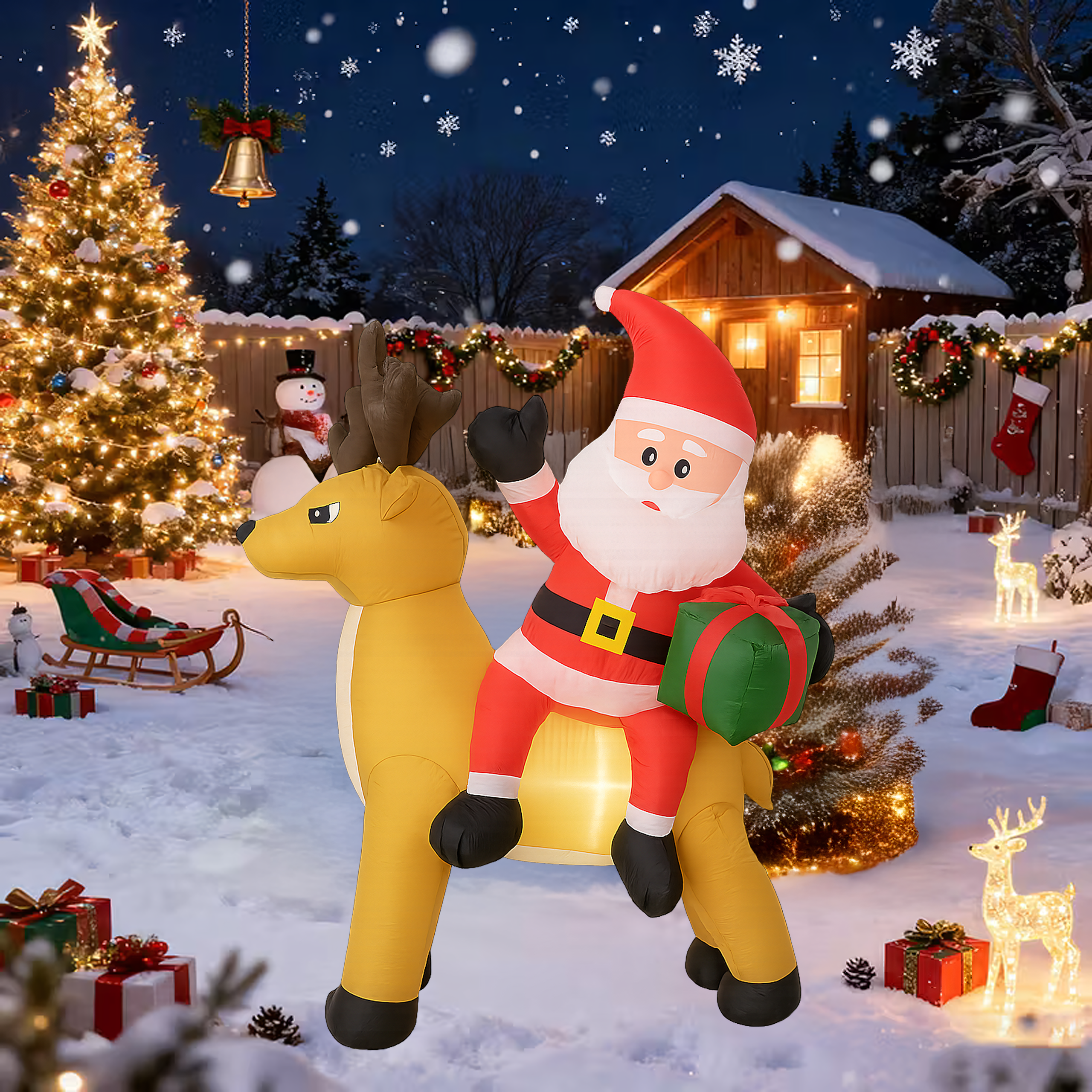 Täispuhutav jõuluvana põhjapõdraga 1.5m jõulukaunistus LED-taustvalgustusega