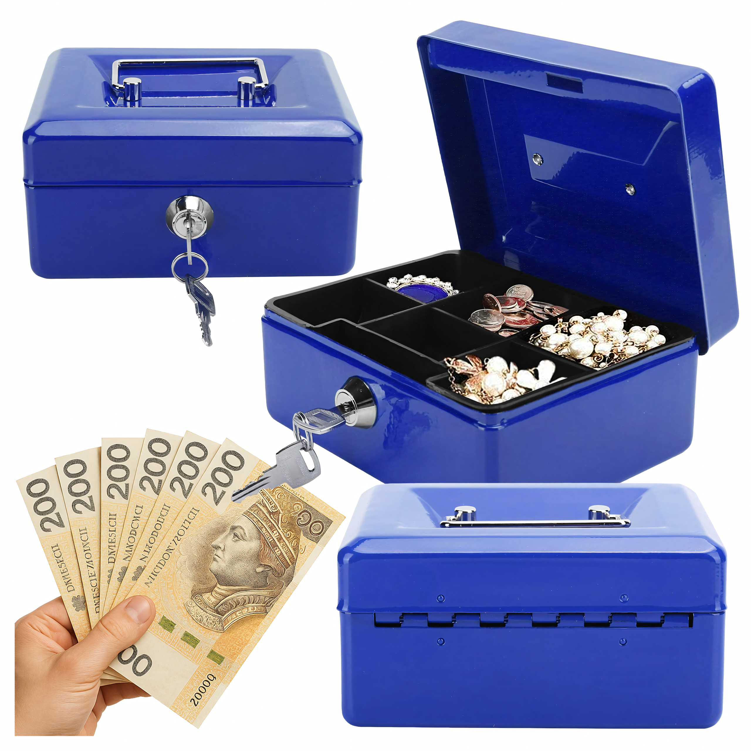 Metallist rahakast müntide, rahatähtede ja dokumentide turvaliseks hoidmiseks, võtmetega