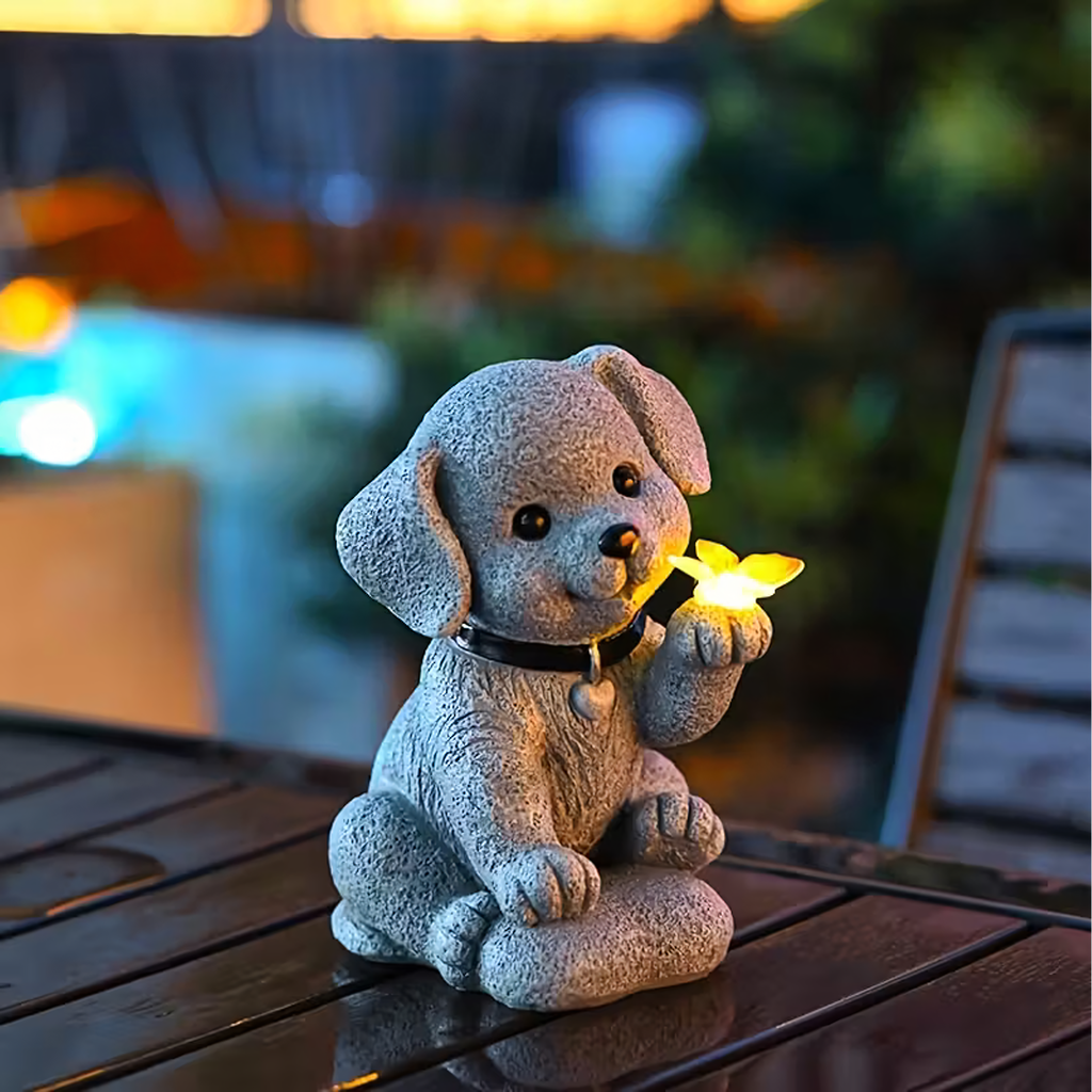 Dekoratiivne päikesepatareiga aialamp koera ja liblikaga LED