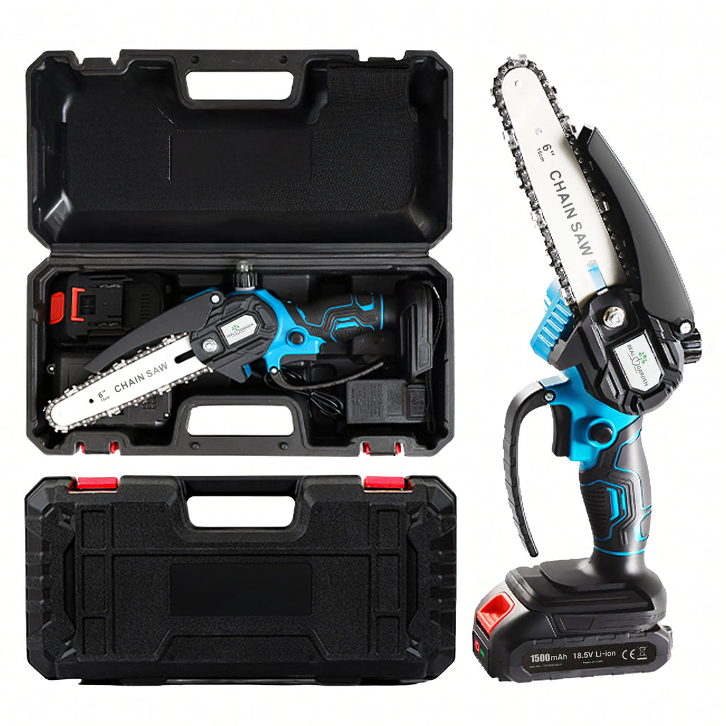 Väike akutoitega minisaag aias puuokste lõikamiseks