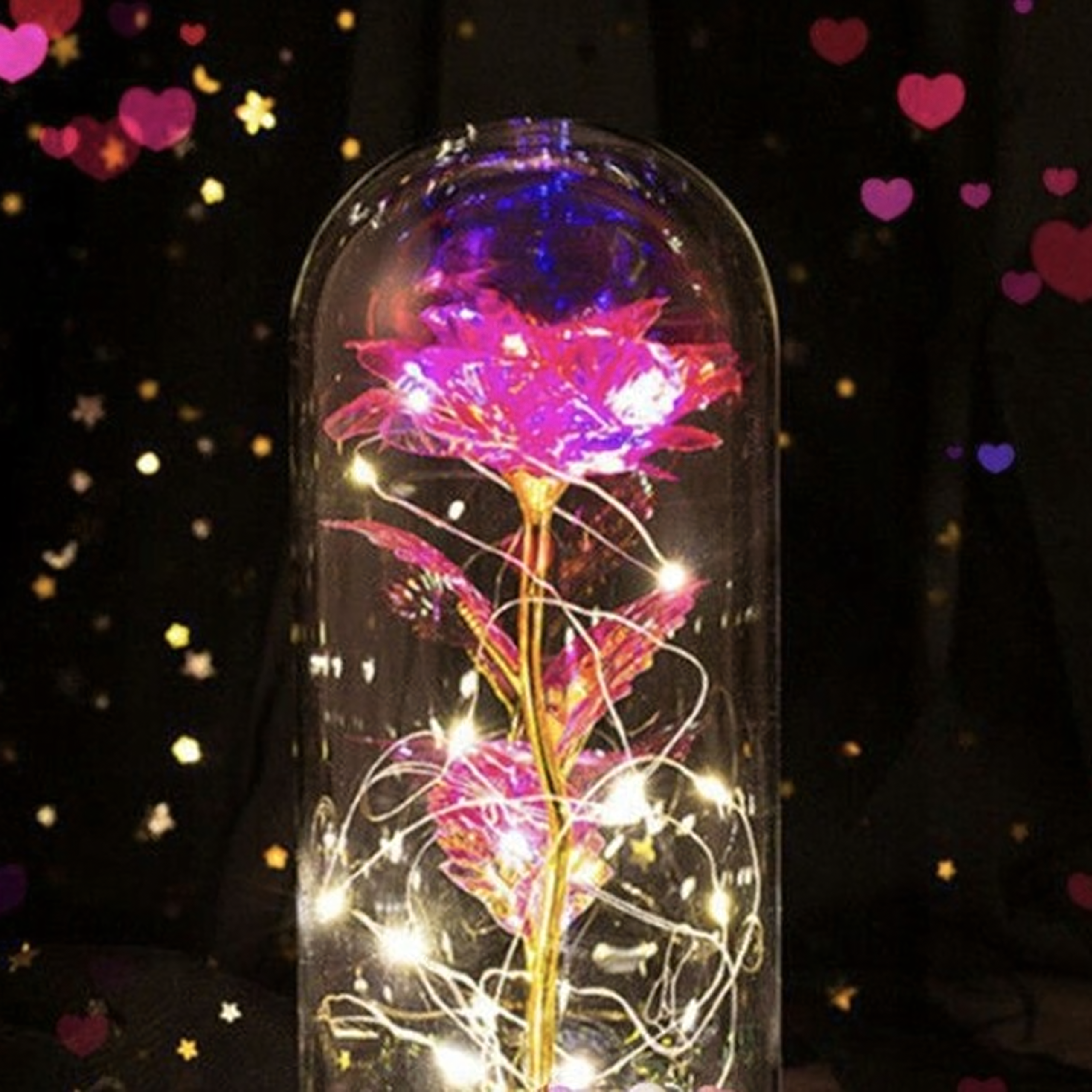 Igavene roos klaasis, helendav LED, ehtne roosa kingiidee