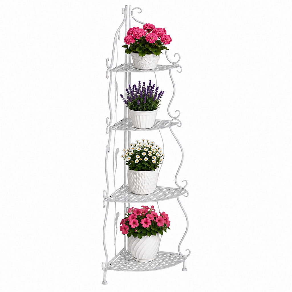 White Decorative Metal Corner Shelf with 4 Shelves for Flowers and Books