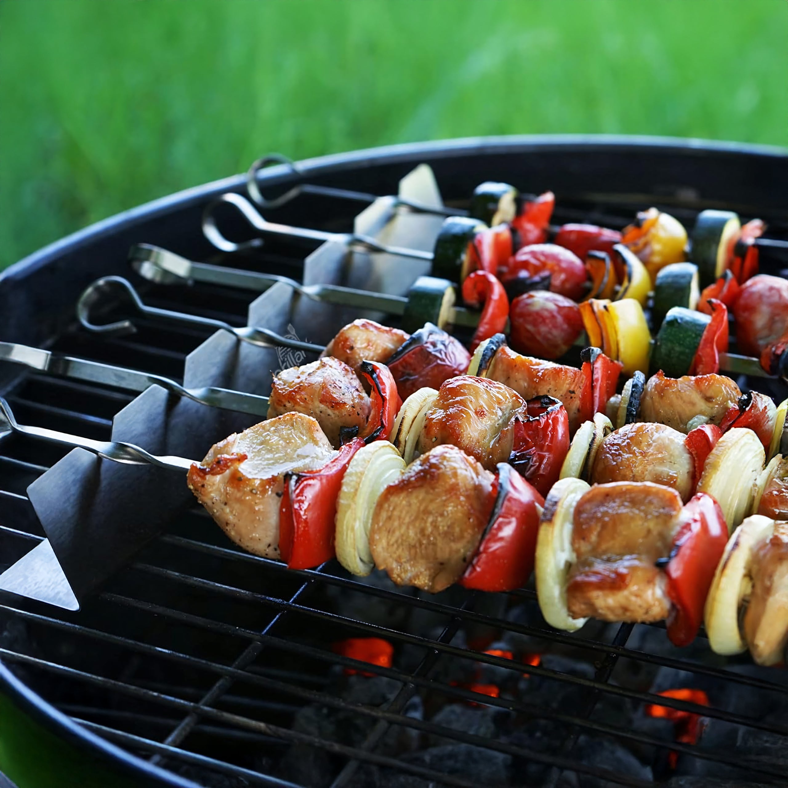 6x 6 Steel Skewers for Barbecue with Stand and Bag Set