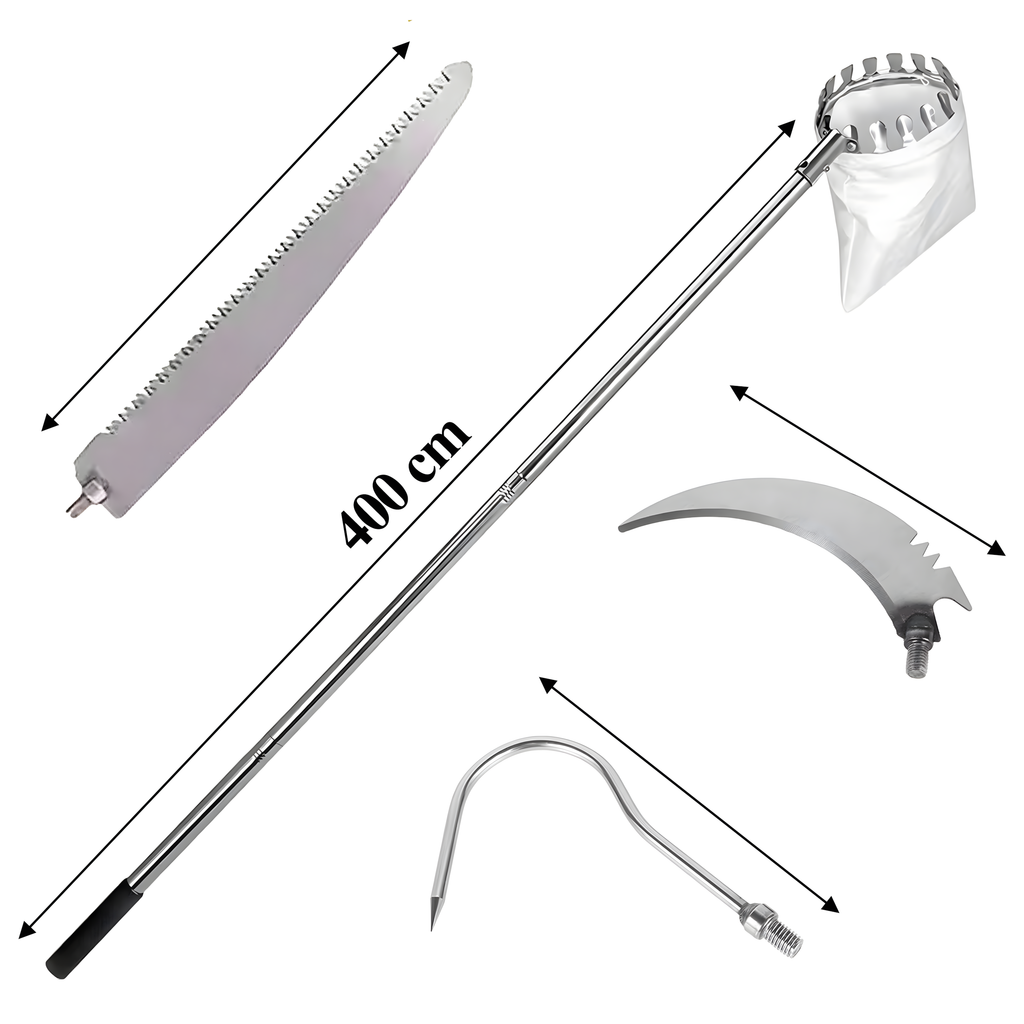 Telescopic Fruit Picker with 4 Interchangeable Heads, 400 cm Handle