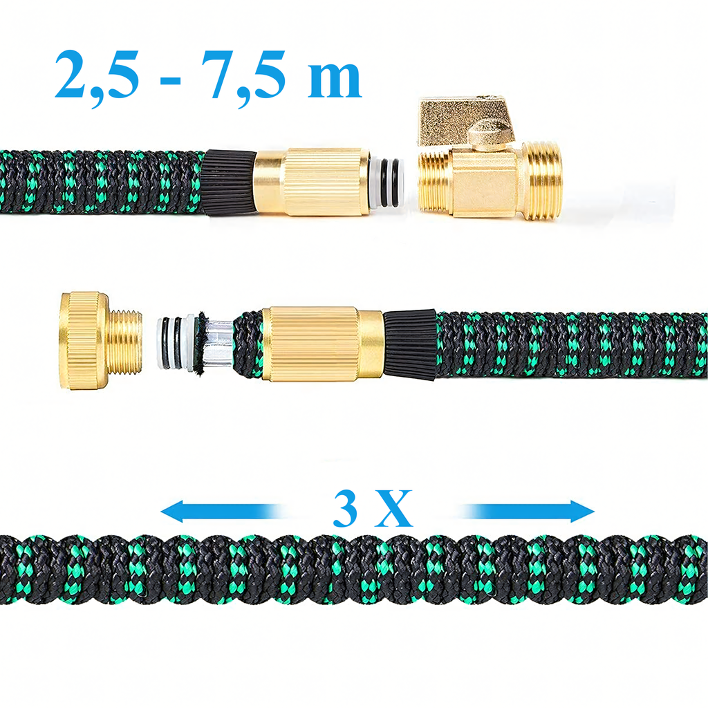 Premium Reinforced Expandable Garden Hose 2.5-7.5m with 1/2 and 3/4 Connectors and Spray Gun