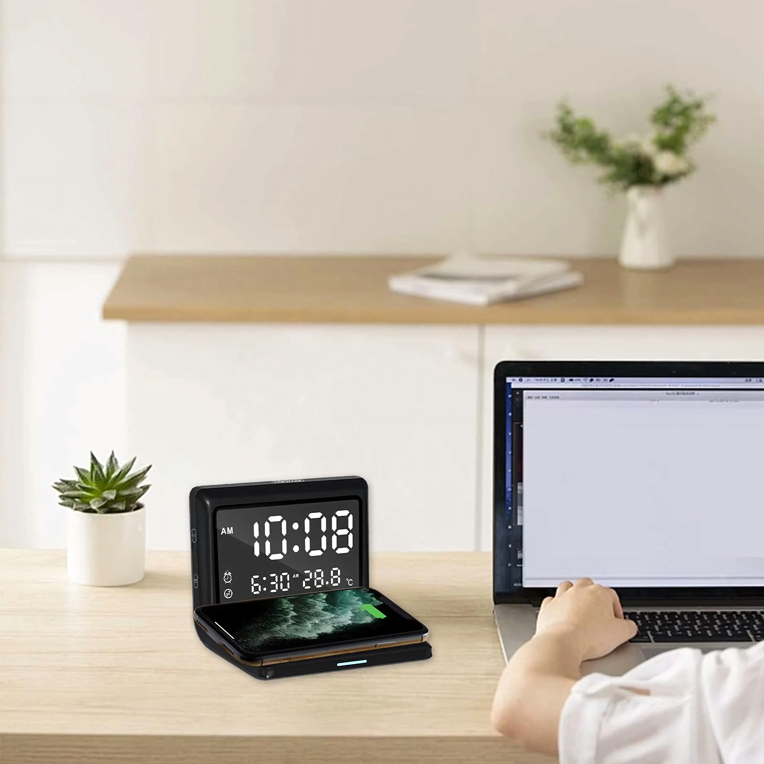 3in1 digitaalne äratuskell juhtmevaba laadija 15W temperatuuripeegel