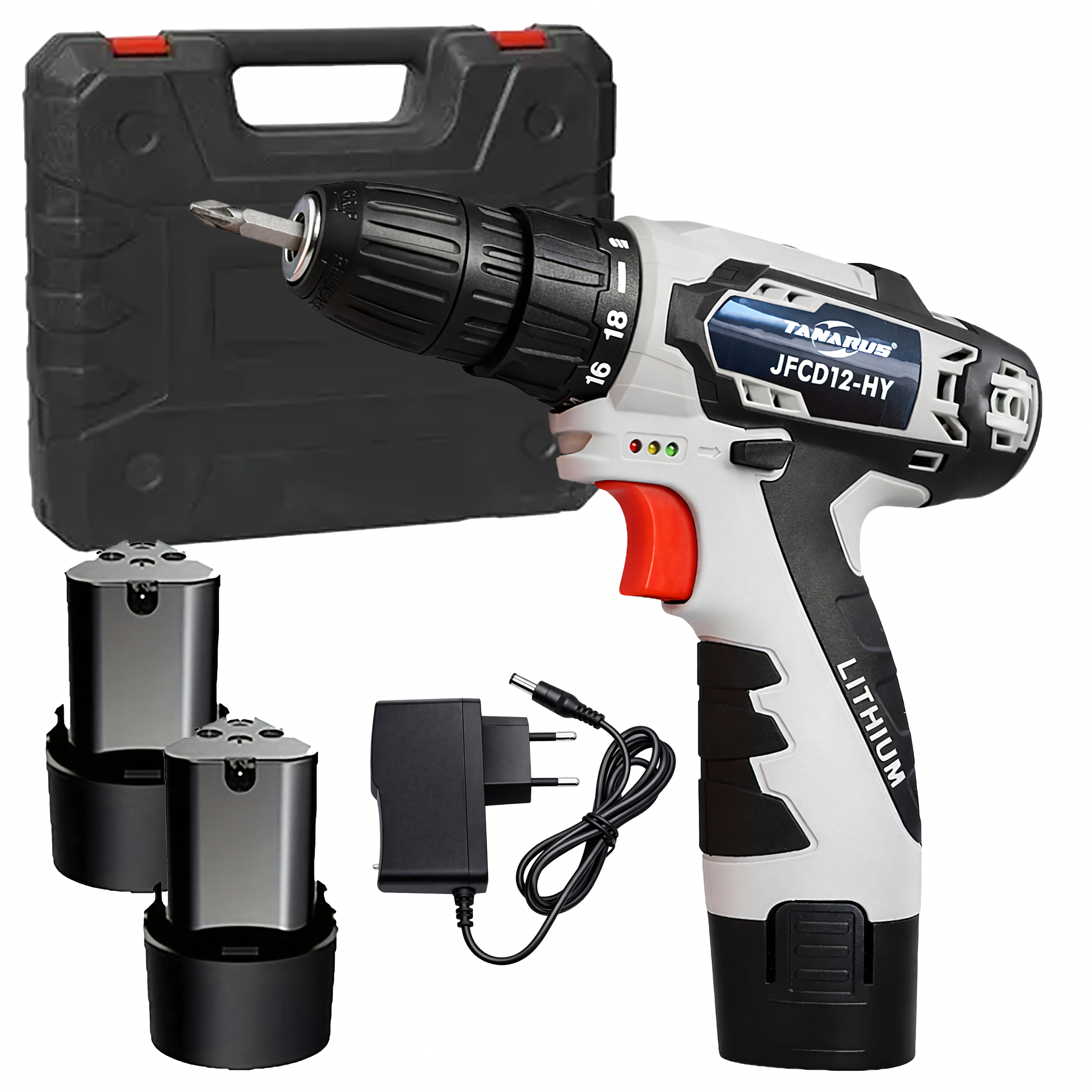 12V mini juhtmeta kruvikeeraja komplekt LED-iga, 2x 1.5Ah akud, kandekohver