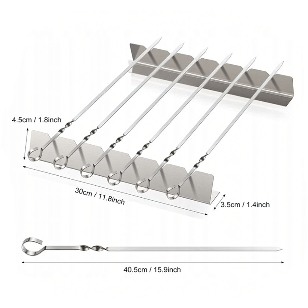 6x 6 Steel Skewers for Barbecue with Stand and Bag Set