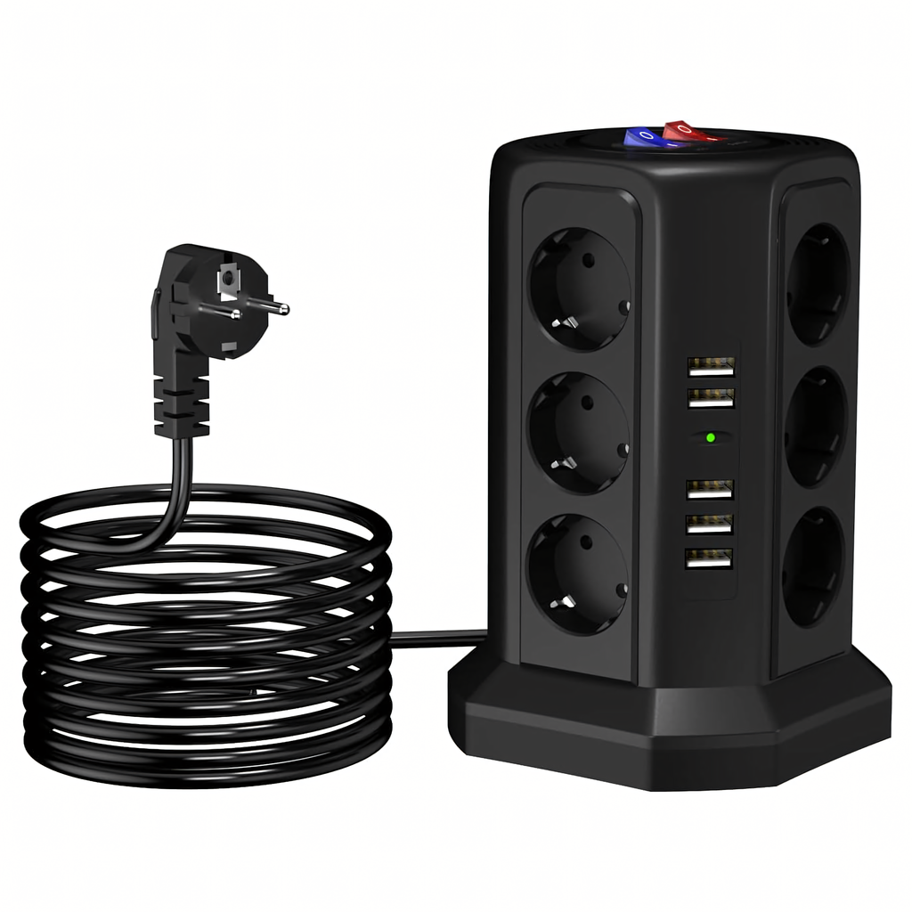 Püstine kaitsev pikendusjuhe välgukaitsega, 12 pistikupesa + 5 USB lähtestusporti