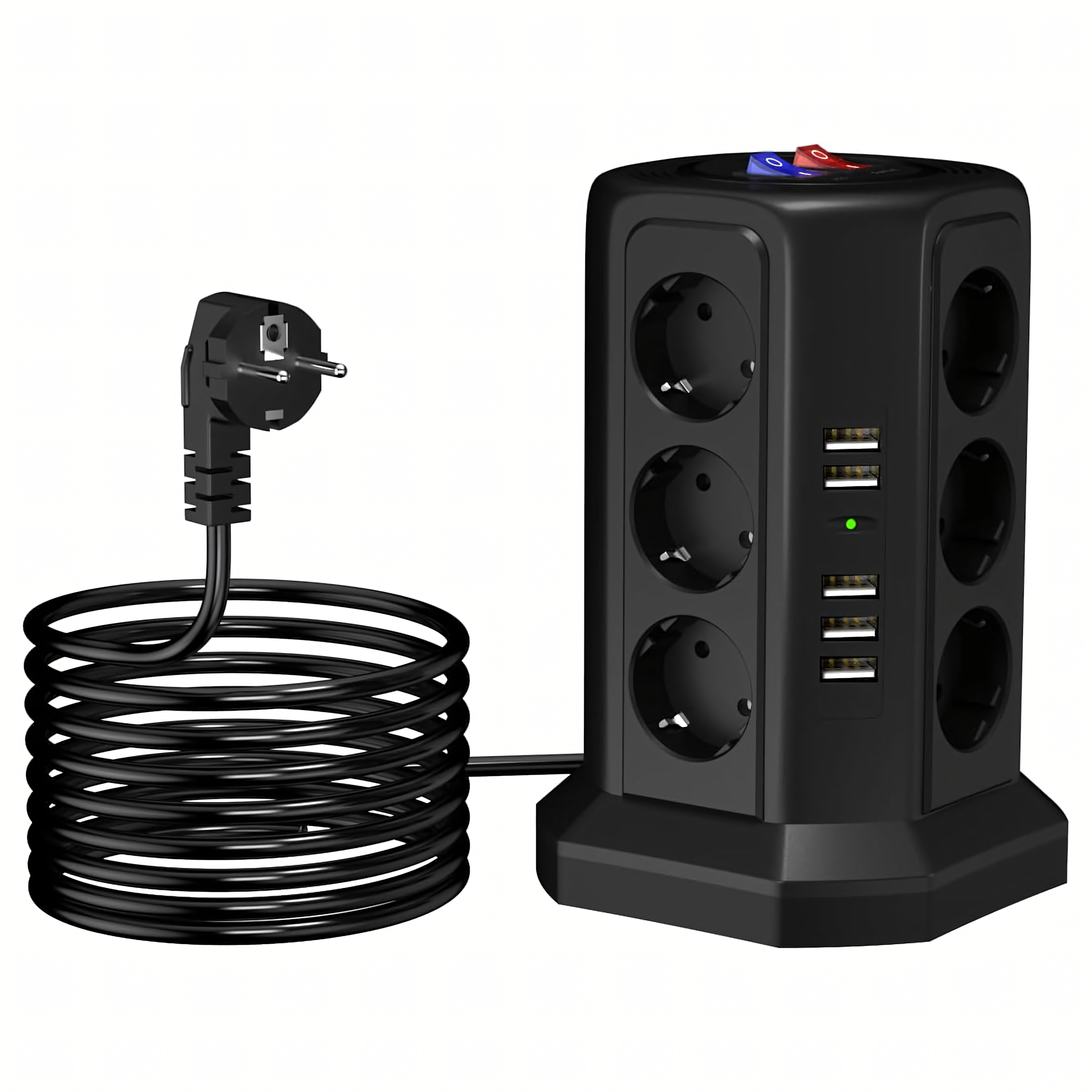 Püstine kaitsev pikendusjuhe välgukaitsega, 12 pistikupesa + 5 USB lähtestusporti