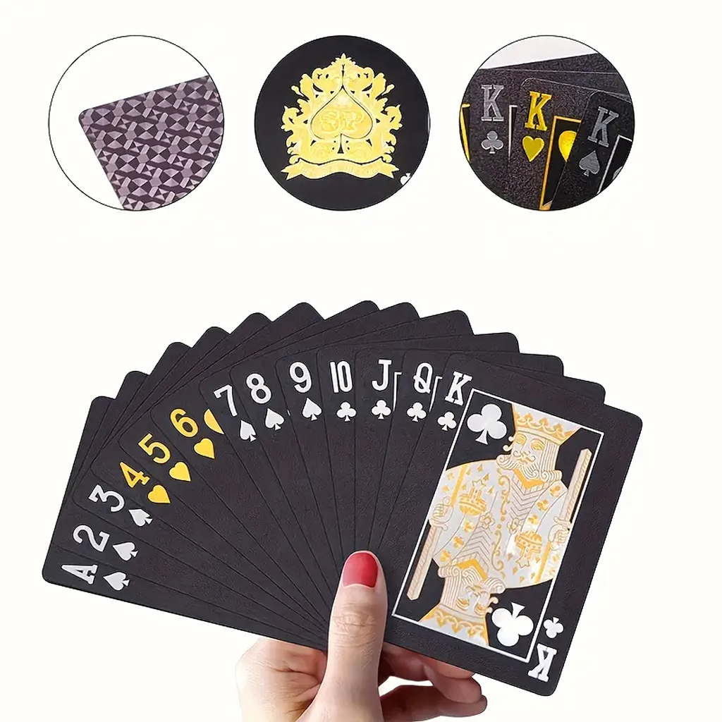 Luxury Black Poker Card Deck with Shiny Gold Designs Waterproof
