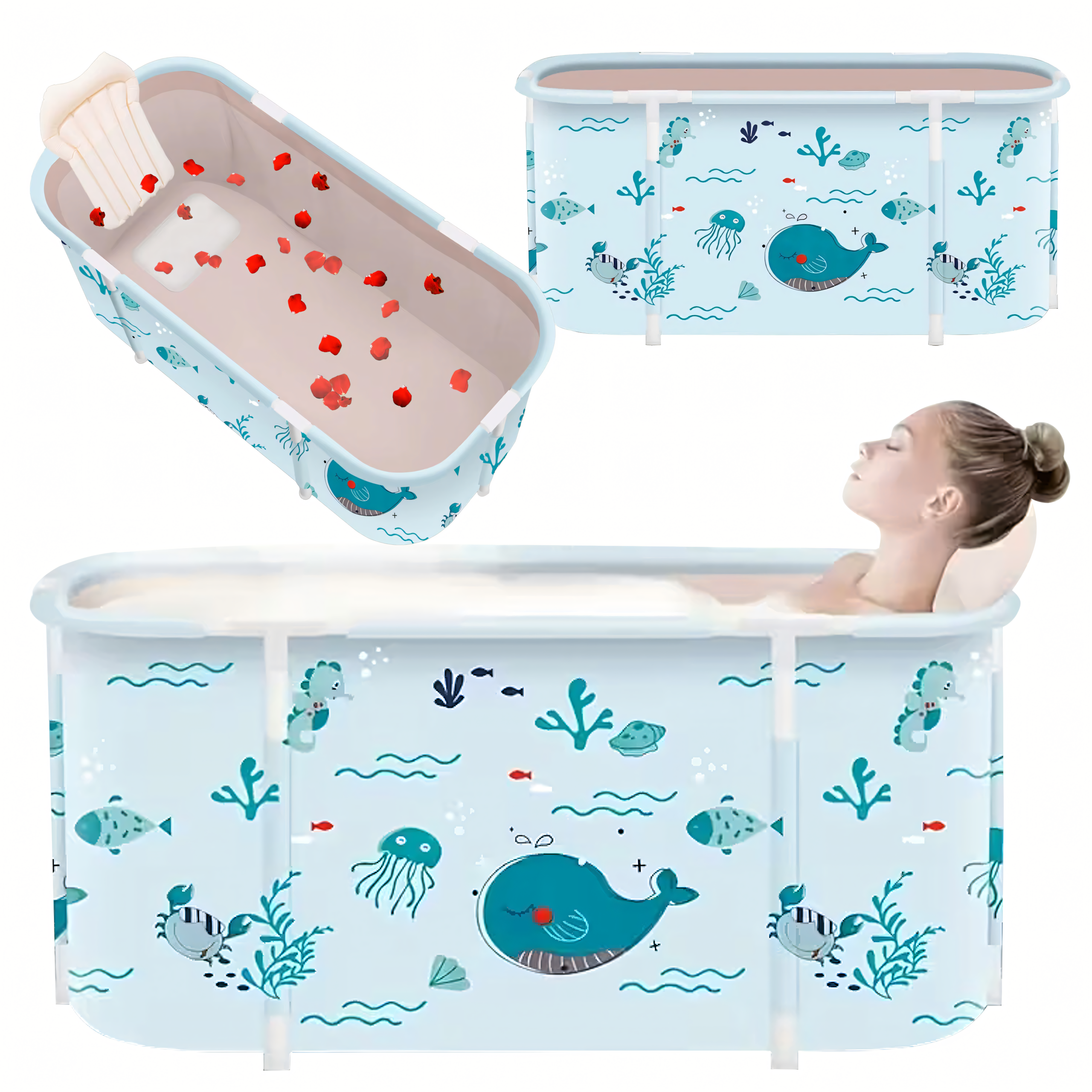 Foldable Portable Home Bathtub with Frame and Pillows