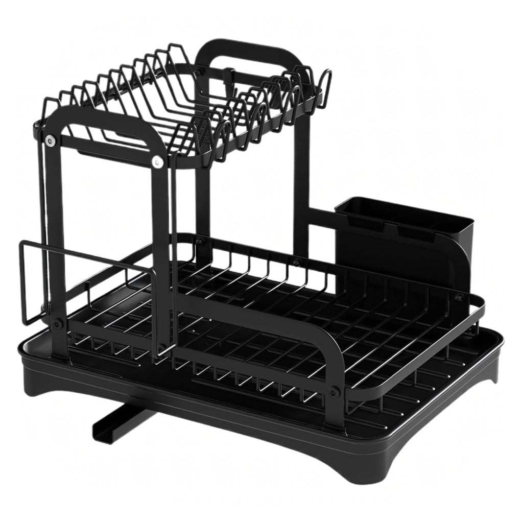 Two-Tier Large XXL Black Dish Drainer with Drain