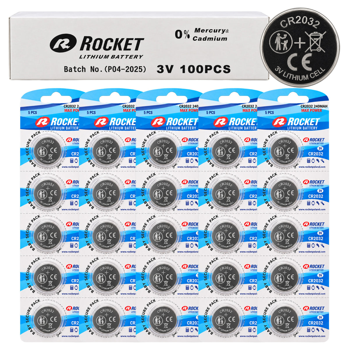 Rocket CR2032 liitium-nööpelemendi patareid 3 V 240 mAh, 100 tk CR2032-15834