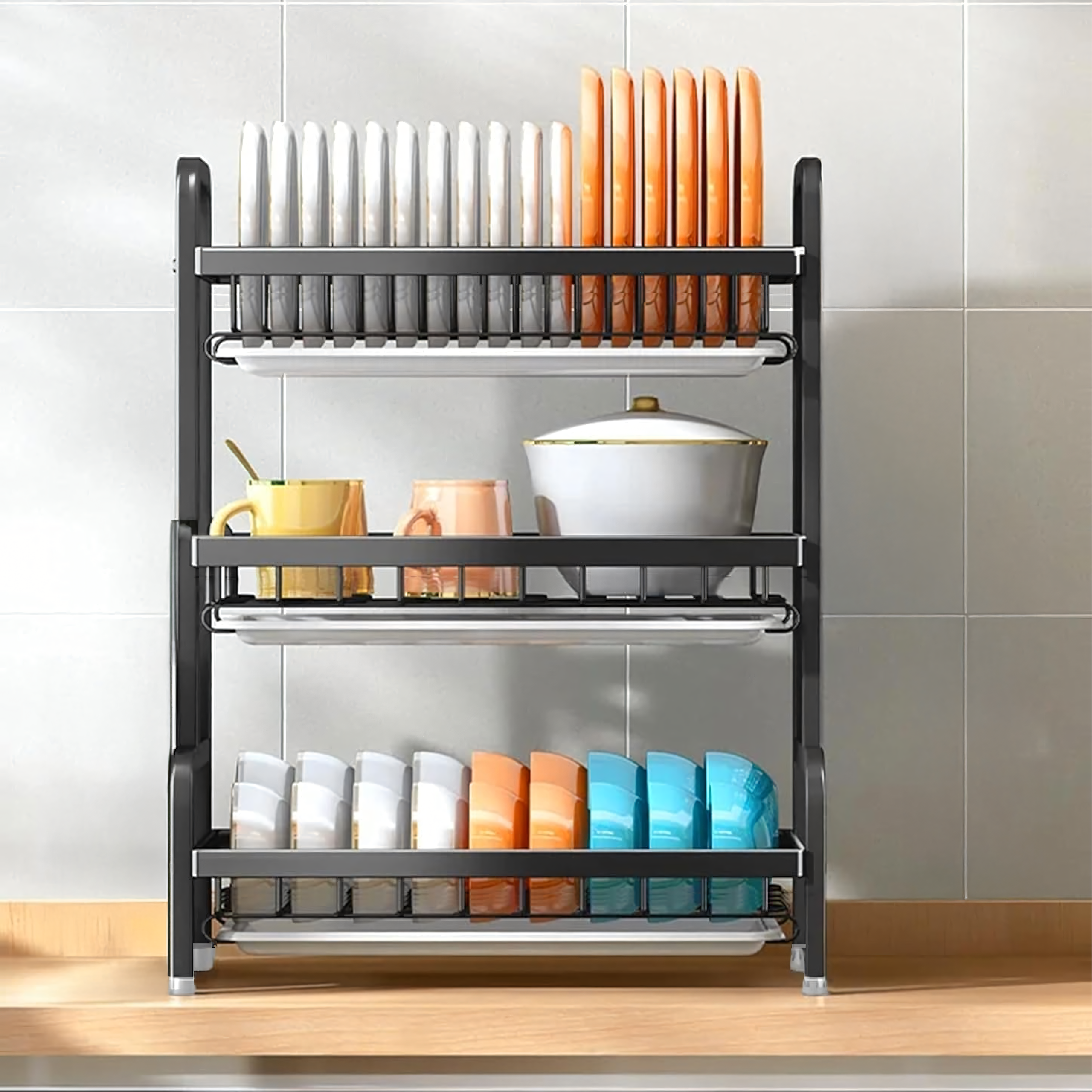 Dish Drying Rack Drainer Three-Tier Black Large XXL