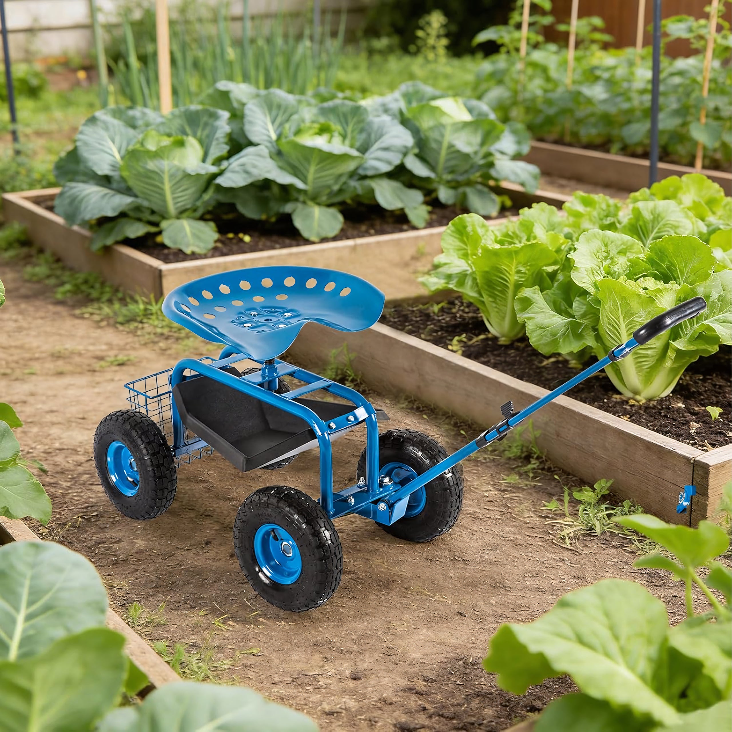 Rotating Garden Cart 360° Seat Stool on Wheels with Basket 24 pcs