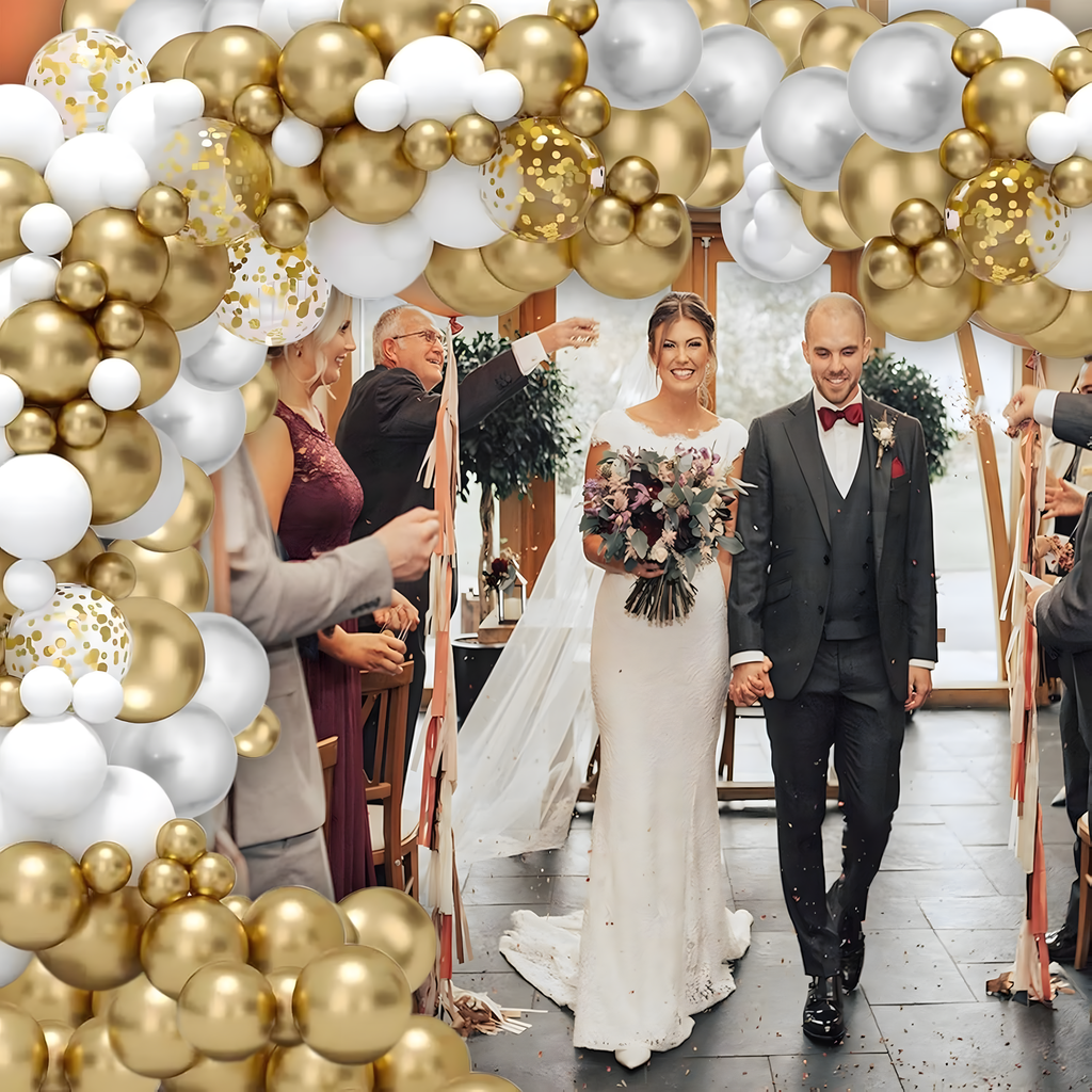 Õhupallikaare komplekt sünnipäevaks ja pulmadeks, kuldne-valge, 110 tk