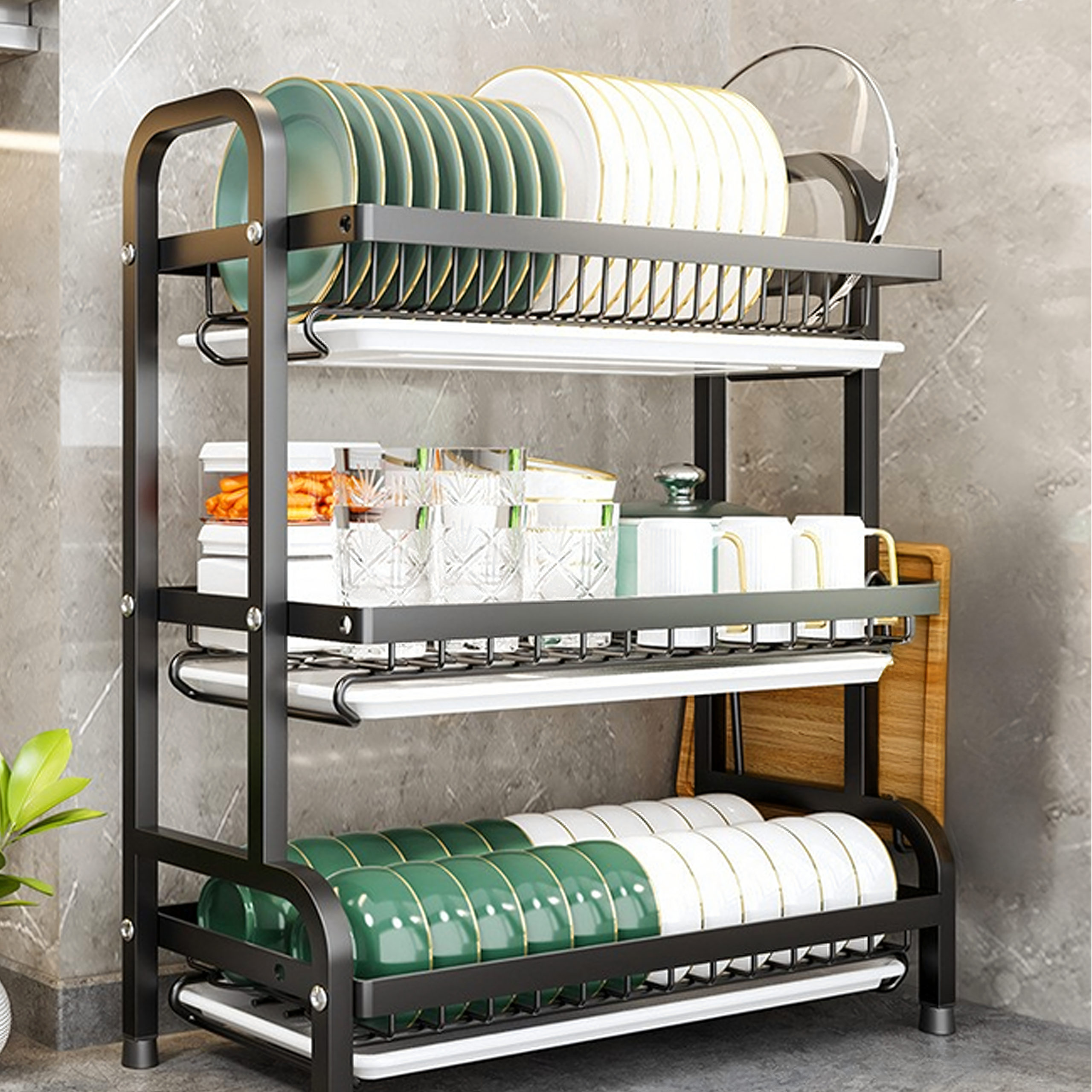 Dish Drying Rack Drainer Three-Tier Black Large XXL