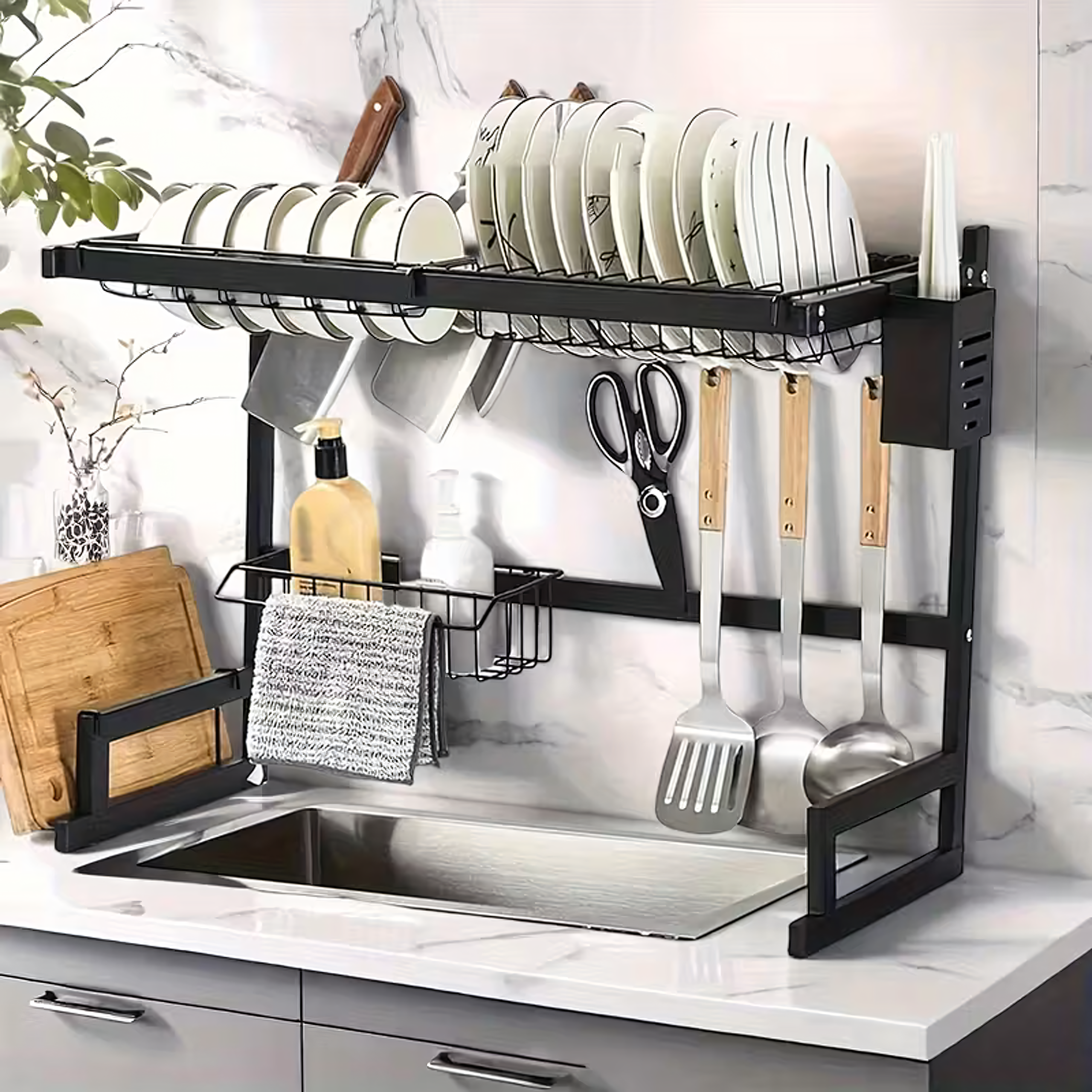 Two-Tier Dish Drying Rack for Dishes with a Board Holder
