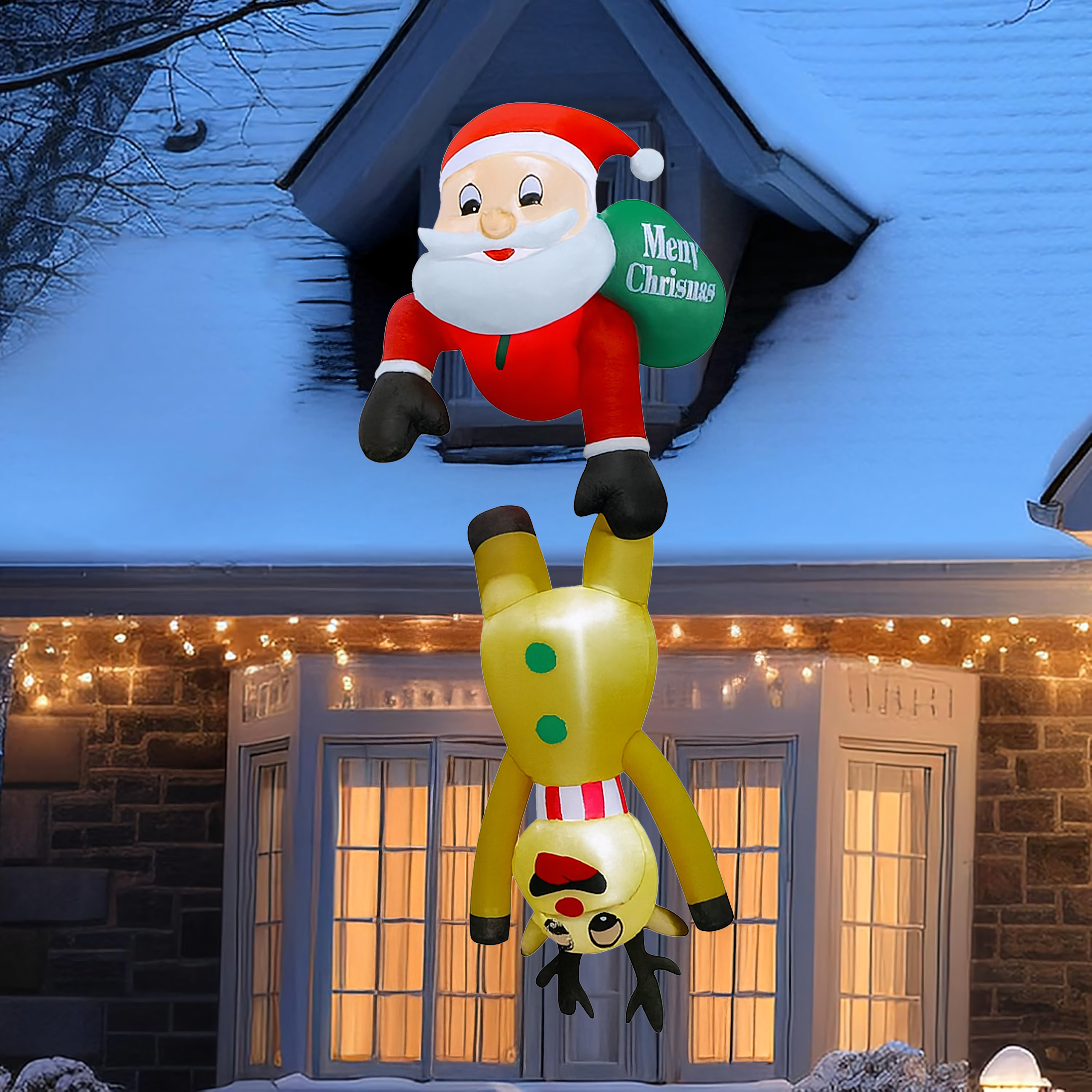 Täispuhutav jõuluvana põhjapõdraga 2.1m jõulukaunistus, LED-taustvalgustus