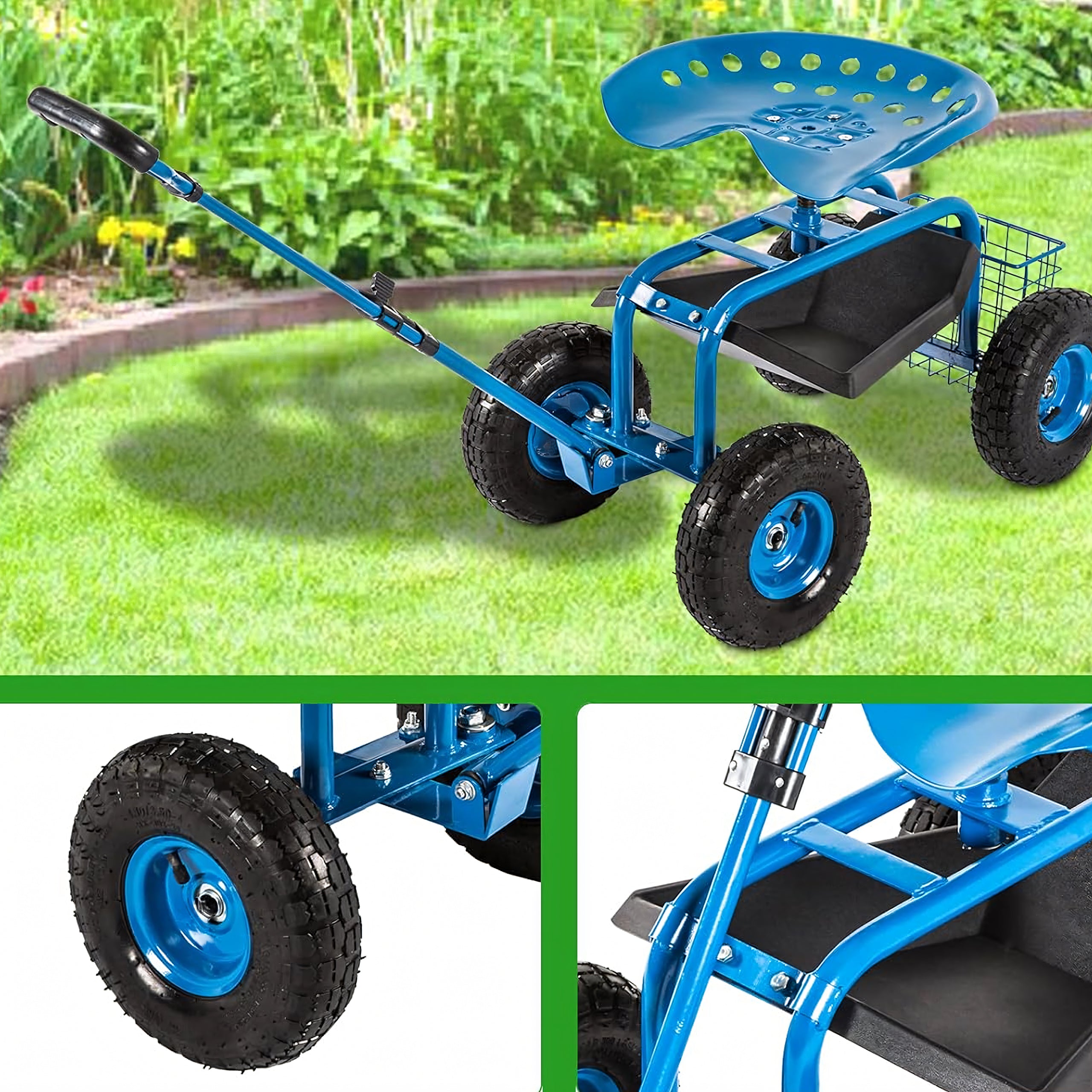 Rotating Garden Cart 360° Seat Stool on Wheels with Basket 24 pcs