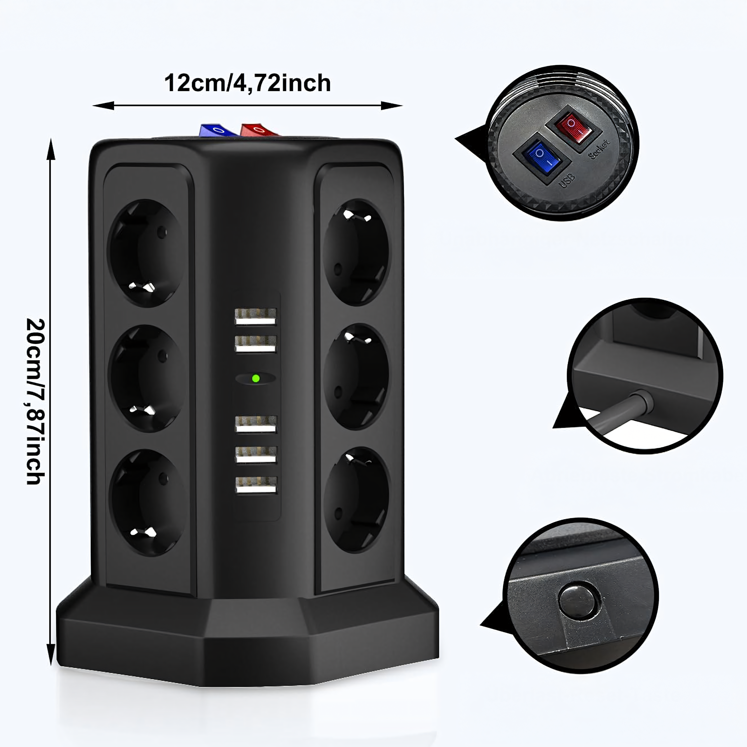 Püstine kaitsev pikendusjuhe välgukaitsega, 12 pistikupesa + 5 USB lähtestusporti