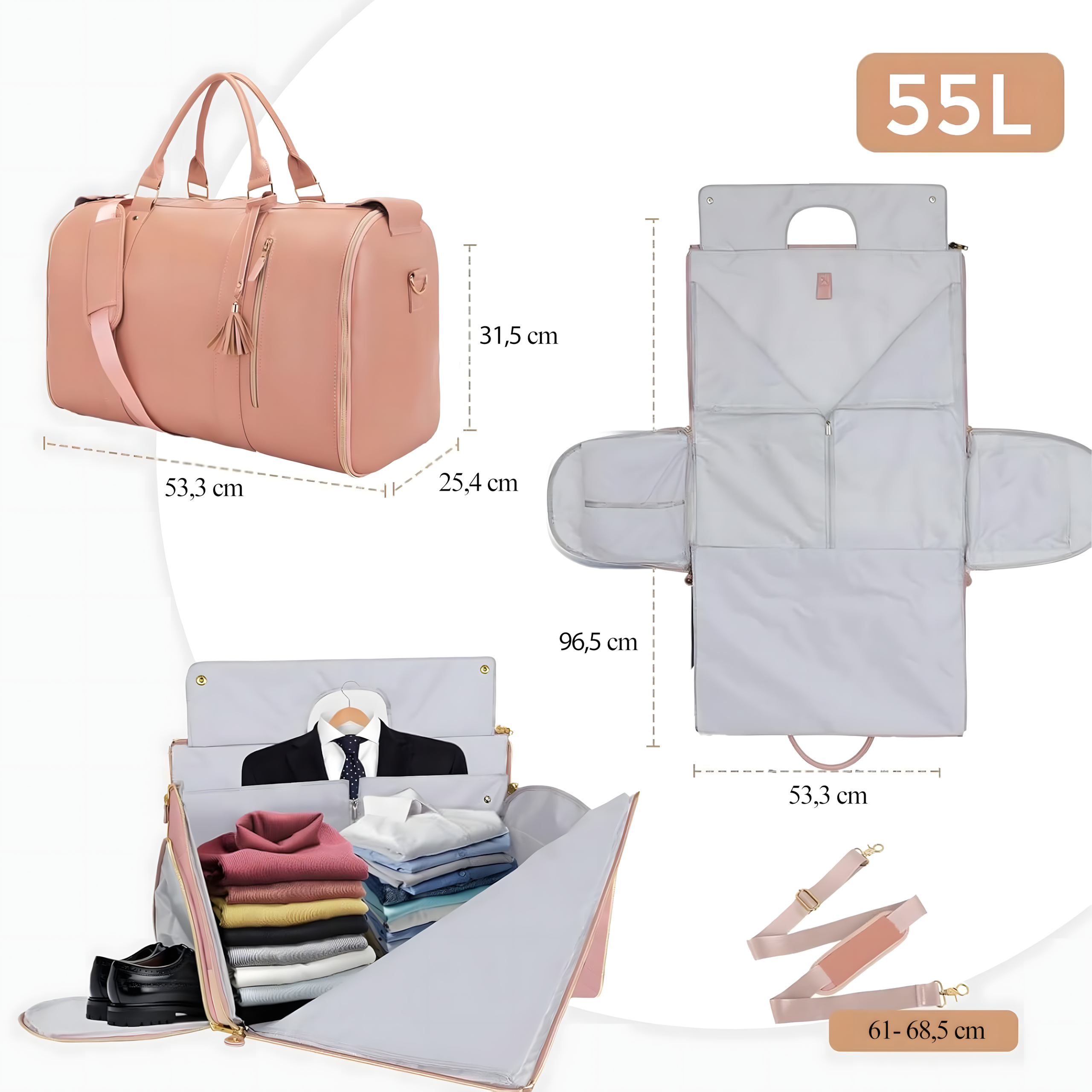 Foldable Elegant Business Travel Bag for Suit Dress 2in1 55L