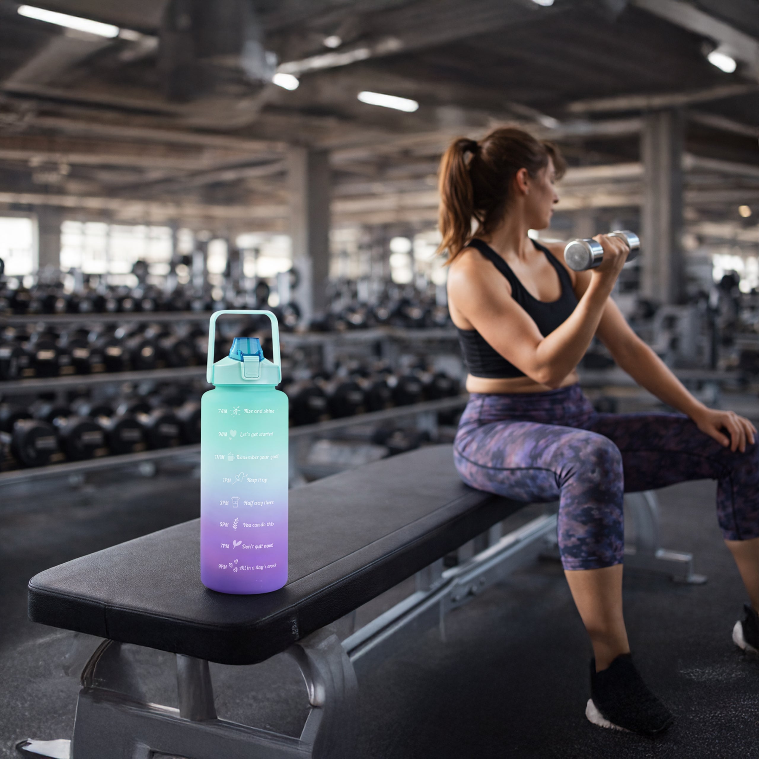 Motivational Water Bottle 2000ml 2L with Straw, Handle, and Measurement Markings