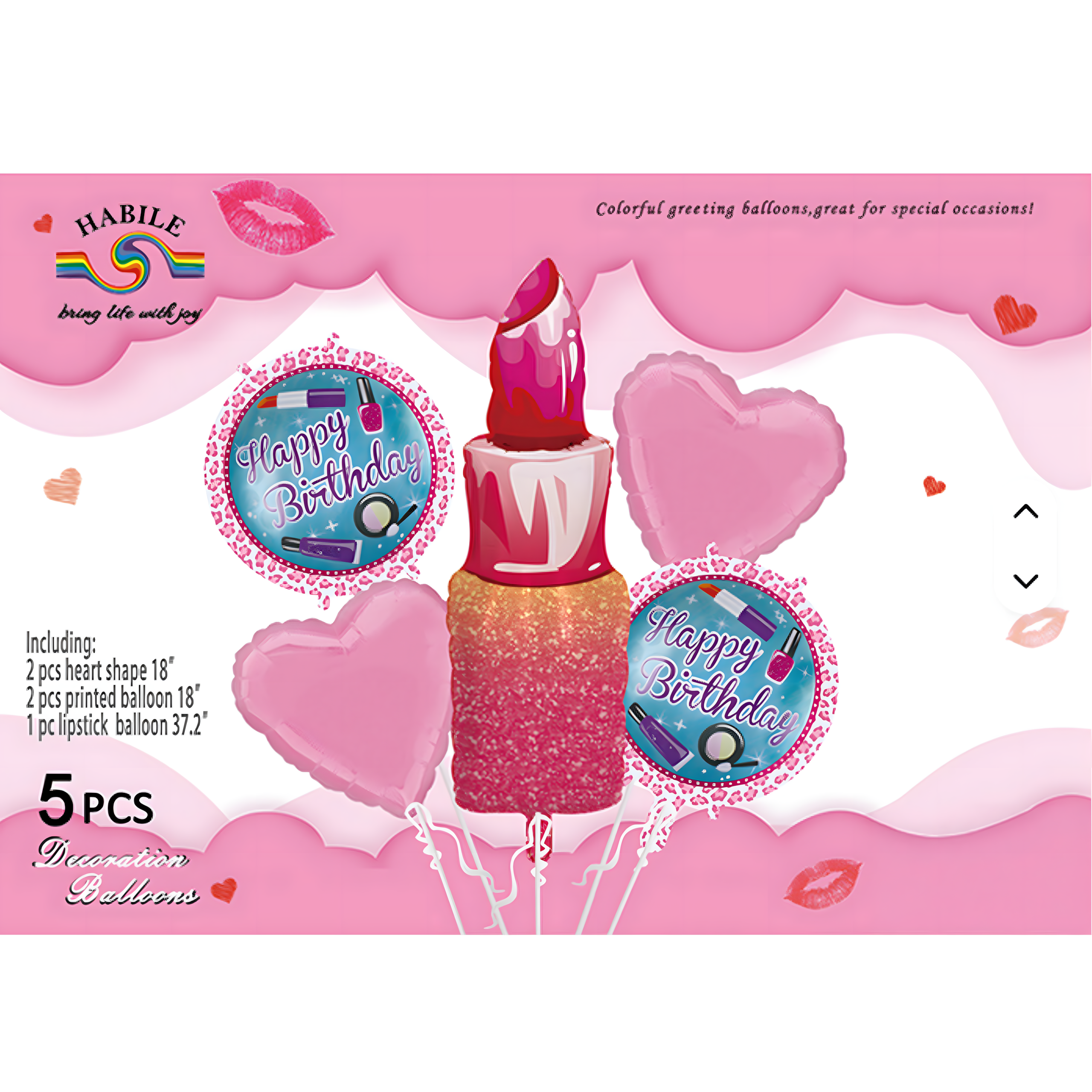 Tüdrukute sünnipäeva õhupallide komplekt Huulepulk, Huuled, Palju õnne sünnipäevaks 5 tk